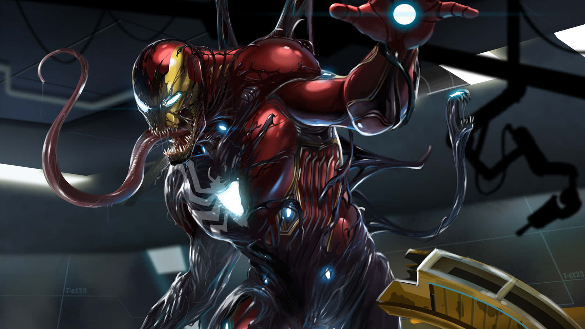 Symbiote 桌布 壁紙 — 毒液與鋼鐵人盔甲融合，在一個有藍色發光燈光和機械臂的高科技實驗室中威嚇地站立。