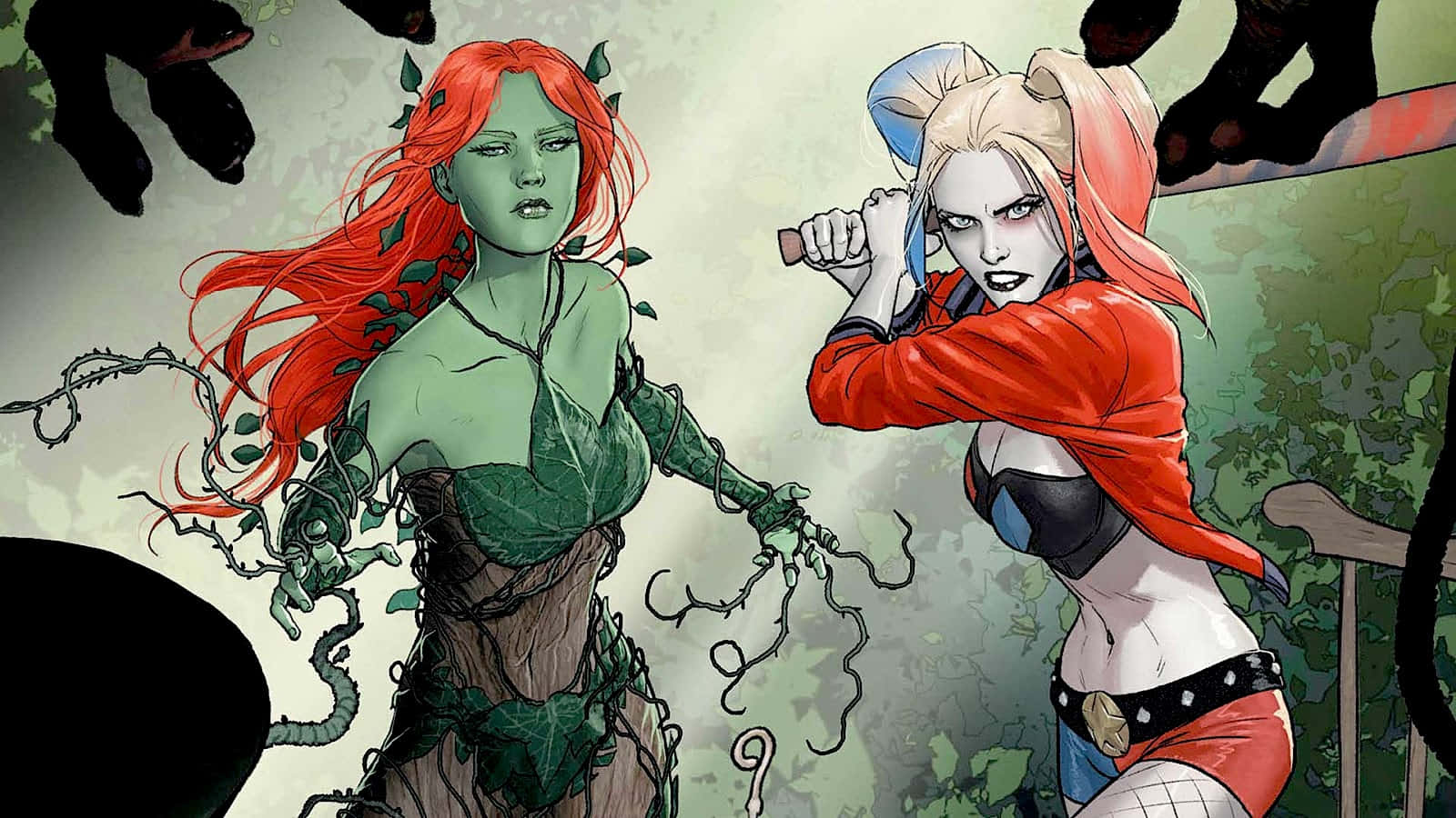 Harley Quinn And Poison Ivy 桌布 壁紙 — 毒藤女與小丑女在充滿藤蔓和粗糙背景的動態漫畫插圖中交鋒。