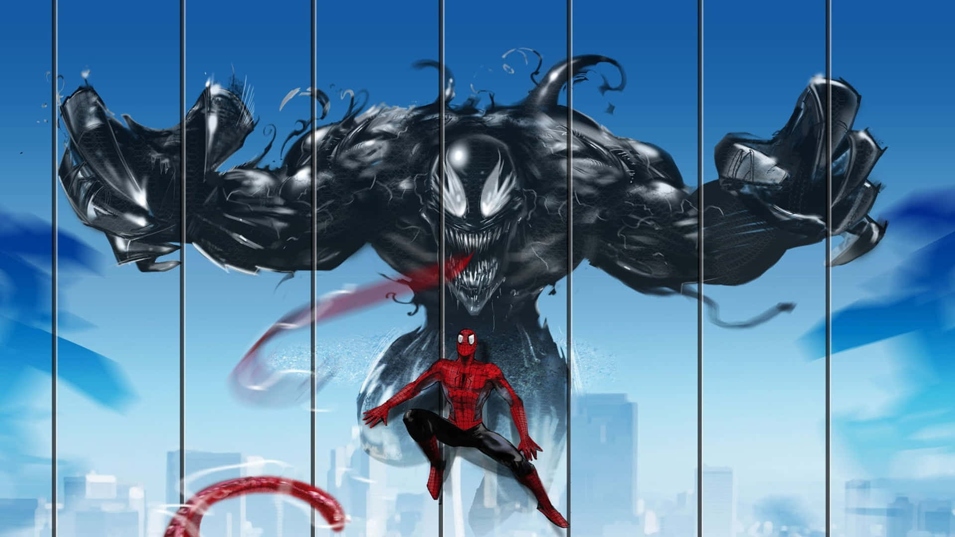 Spider Man Comic 桌布 壁紙 — 毒魔在明亮的藍天下，以城市天際線為背景，威脅性地籠罩在身穿紅色戰衣的蜘蛛人之上。