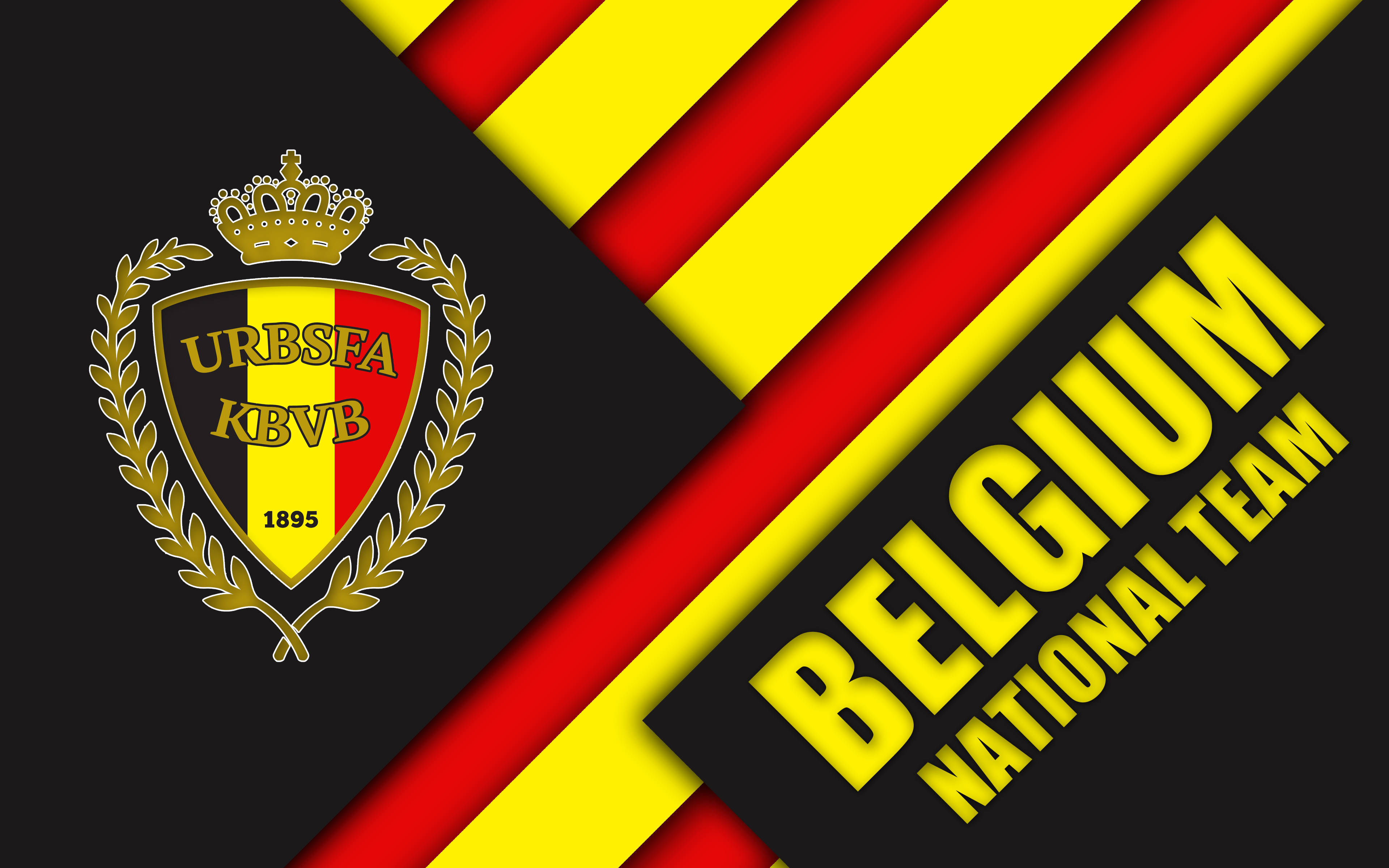 Belgium 桌布 壁紙 — 比利時國家隊徽章，紅黃條紋搭配粗體文字，置於黑色背景上。