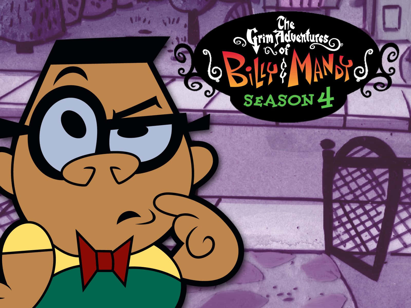 the grim adventures of billy and mandy 桌布 壁紙 — 《比利與曼蒂的冒險》中的比利用一隻眼睛閉著，手指放在下巴上，在紫色城市背景下憤怒地瞪視。
