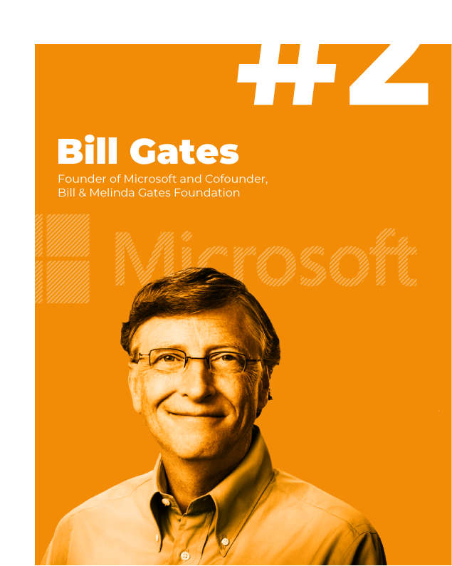 比爾蓋茲 桌布 壁紙 — 比爾·蓋茲在橙色背景上微笑的肖像，帶有Microsoft品牌和數字二。