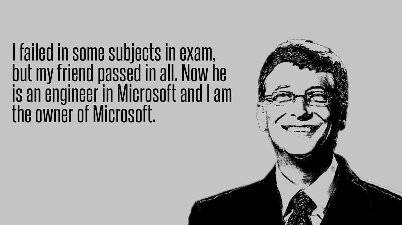Bill Gates 桌布 壁紙 — 比爾·蓋茲微笑的黑白插圖肖像，旁邊是關於學業失敗與成功的文字。