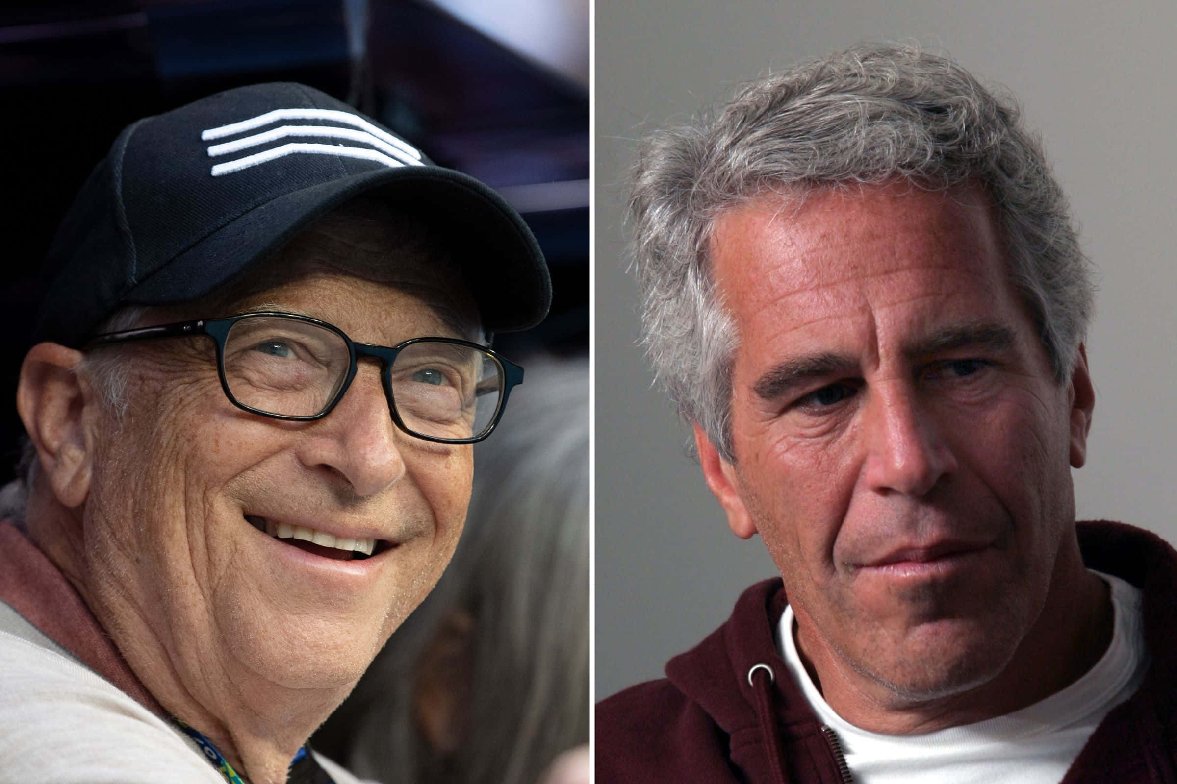 Bill Gates And Epstein 桌布 壁紙 — 比爾·蓋茲戴著帽子與眼鏡微笑，旁邊是表情嚴肅的傑弗里·愛潑斯坦的分割肖像。