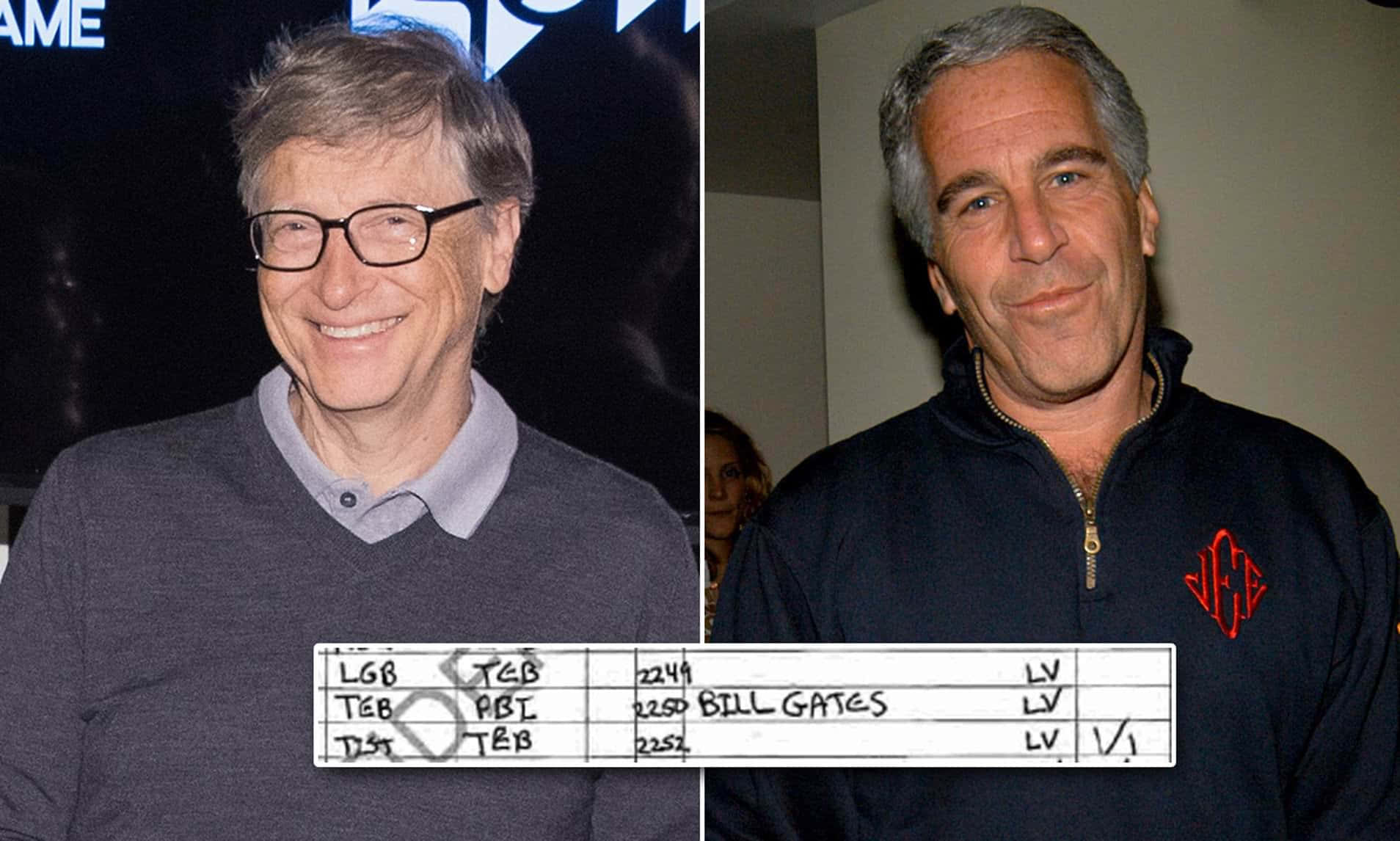 Bill Gates And Epstein 桌布 壁紙 — 比爾·蓋茲穿著深色毛衣微笑的分割圖像，旁邊是他穿著帶有紅色標誌的深藍色拉鍊外套的照片。