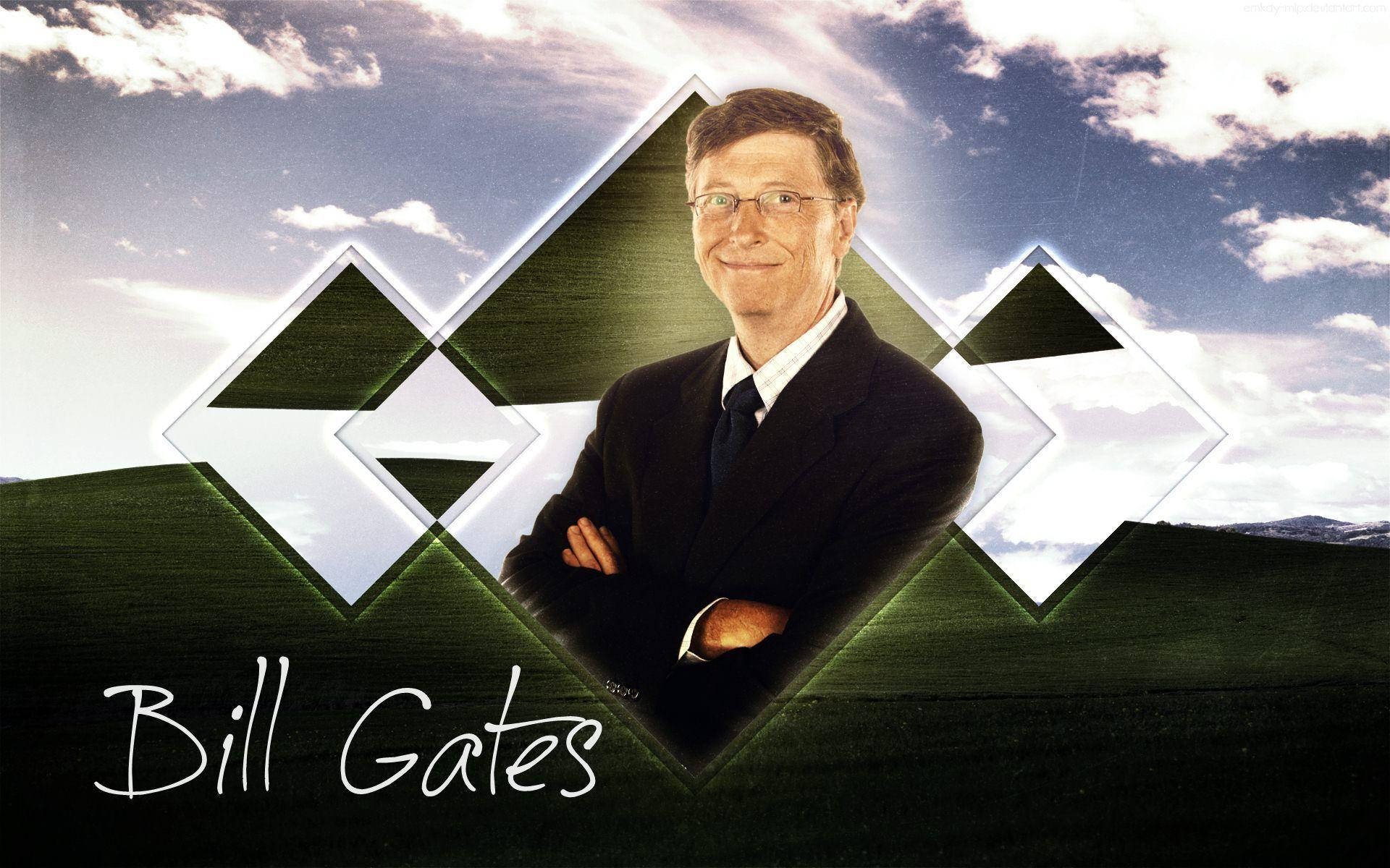 gates 桌布 壁紙 — 比爾蓋茲自信地穿著西裝，被發光的幾何形狀框住，背景是陰天。