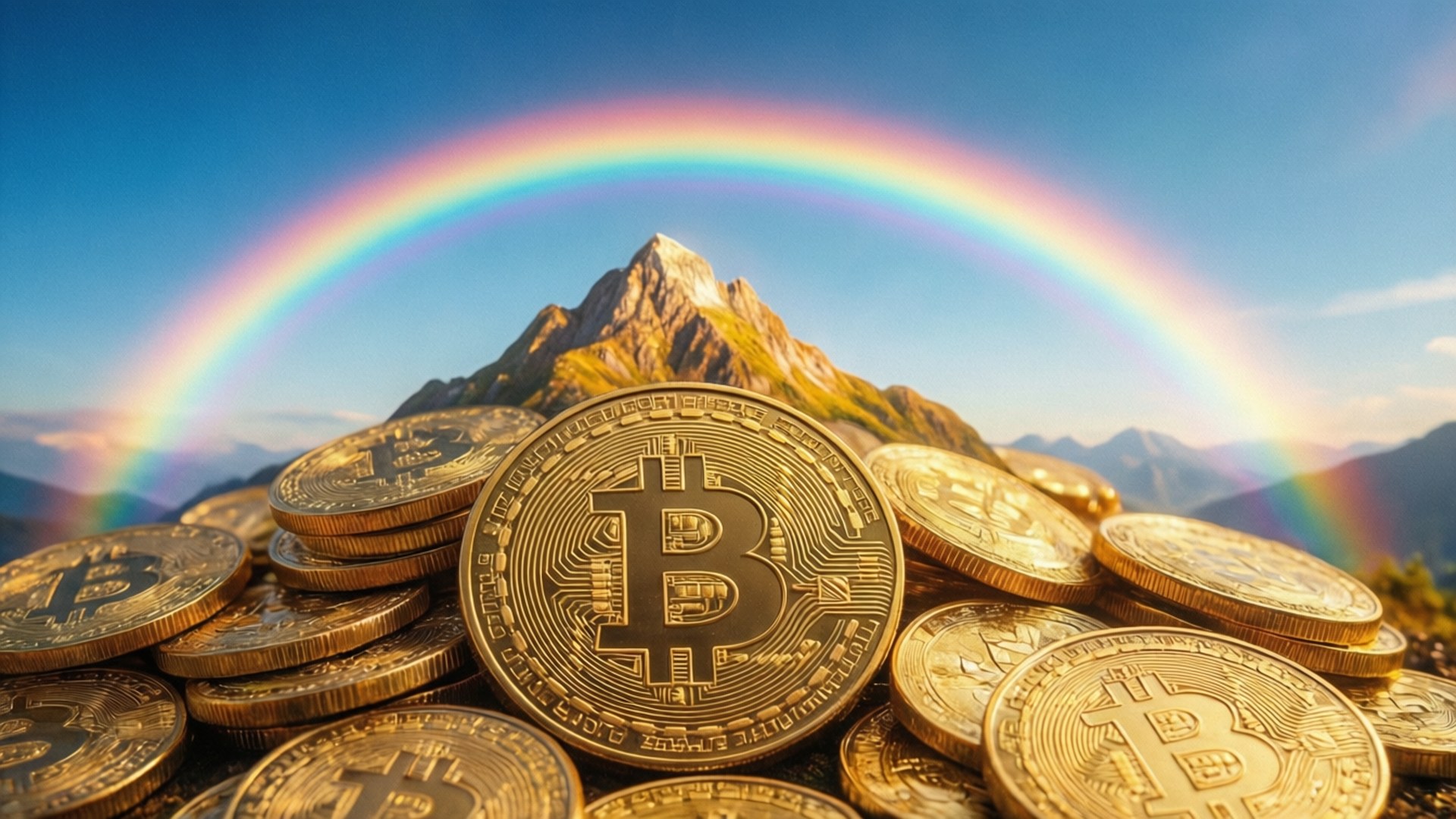 比特幣山與彩虹 壁紙 — 金色比特幣堆積在山頂上，在鮮豔的彩虹下，襯著晴朗的藍天。