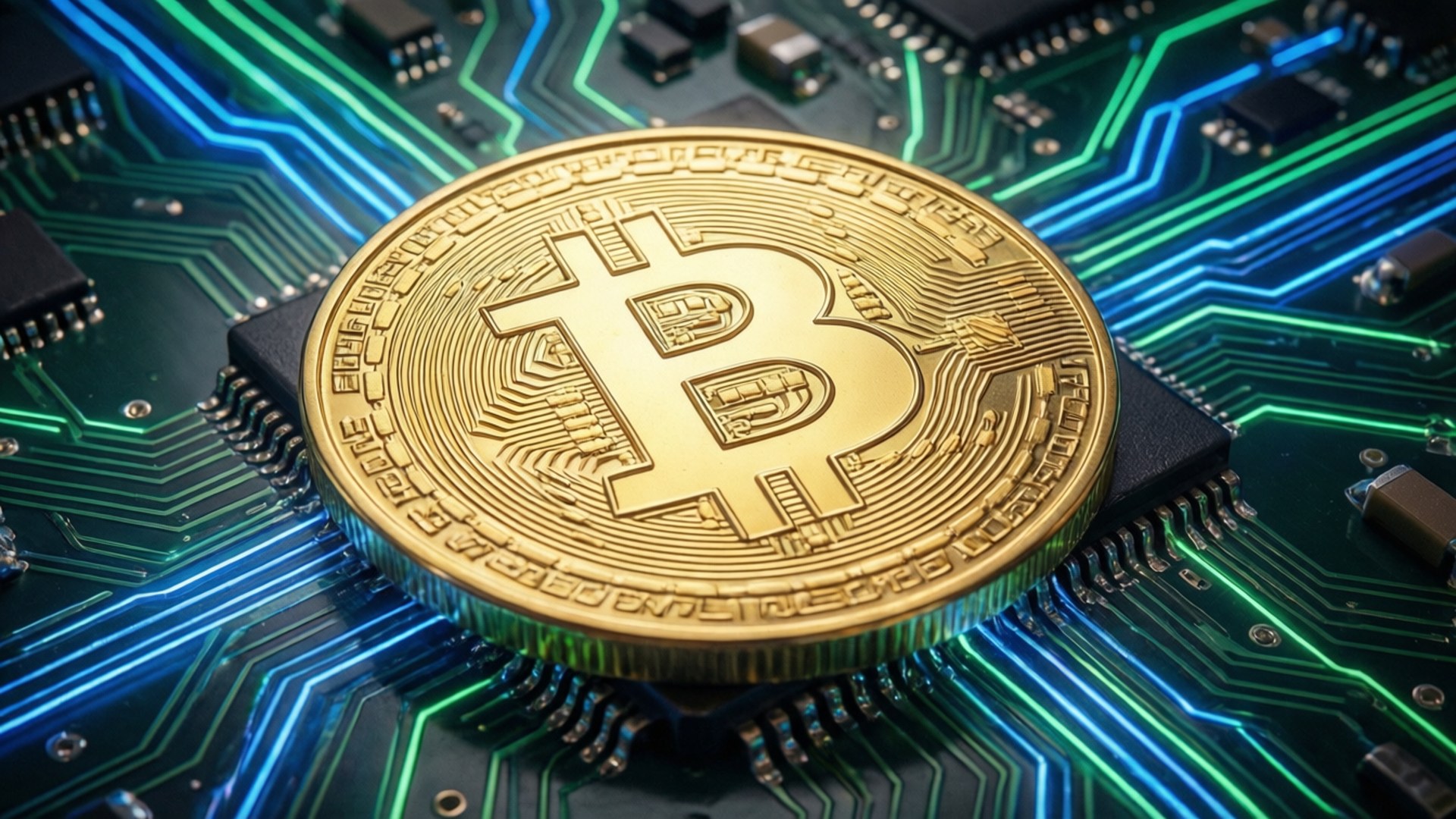 比特幣電路板上的光芒 壁紙