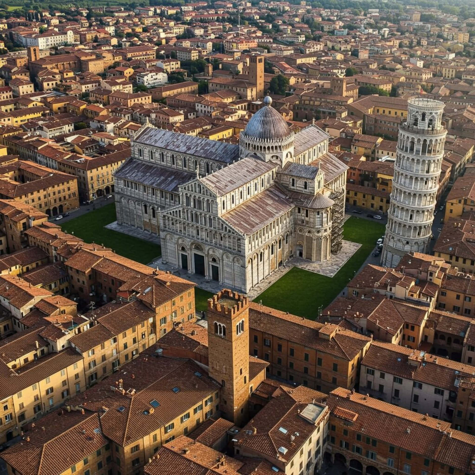 Pisa 壁紙 — 比薩大教堂和斜塔被赤陶屋頂建築包圍，在金色午後光線中的鳥瞰圖。
