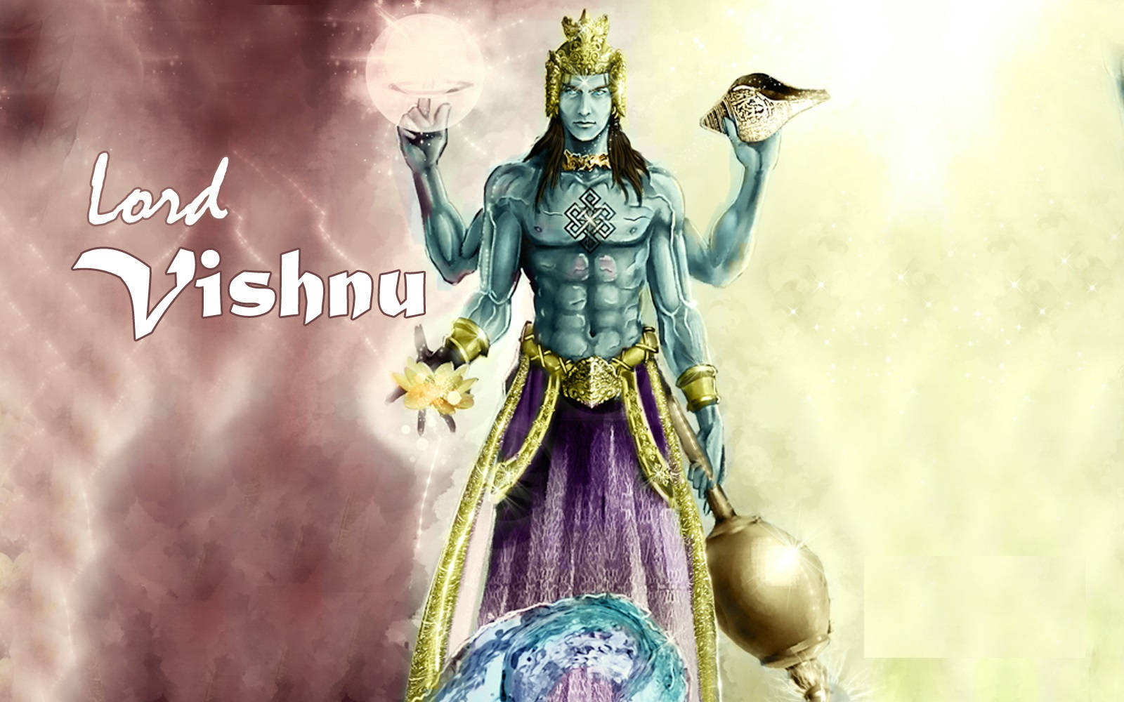 Vishnu 桌布 壁紙 — 毗濕奴神莊嚴地站立，四臂持有神聖象徵，背景是發光的宇宙。