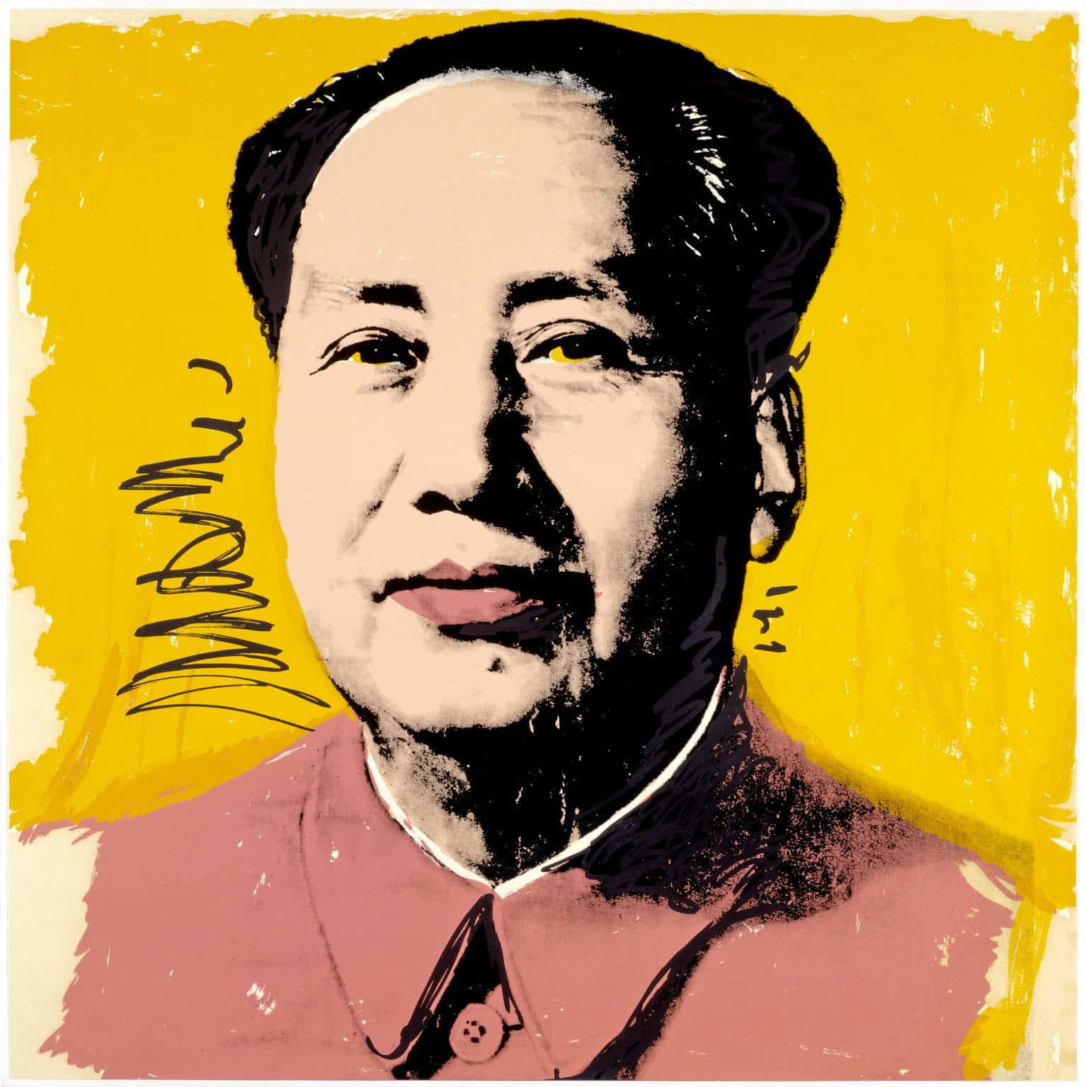 paint 桌布 壁紙 — 毛澤東的風格化肖像，採用大膽黃色背景和粉紅色毛裝，以圖形普普藝術風格呈現。