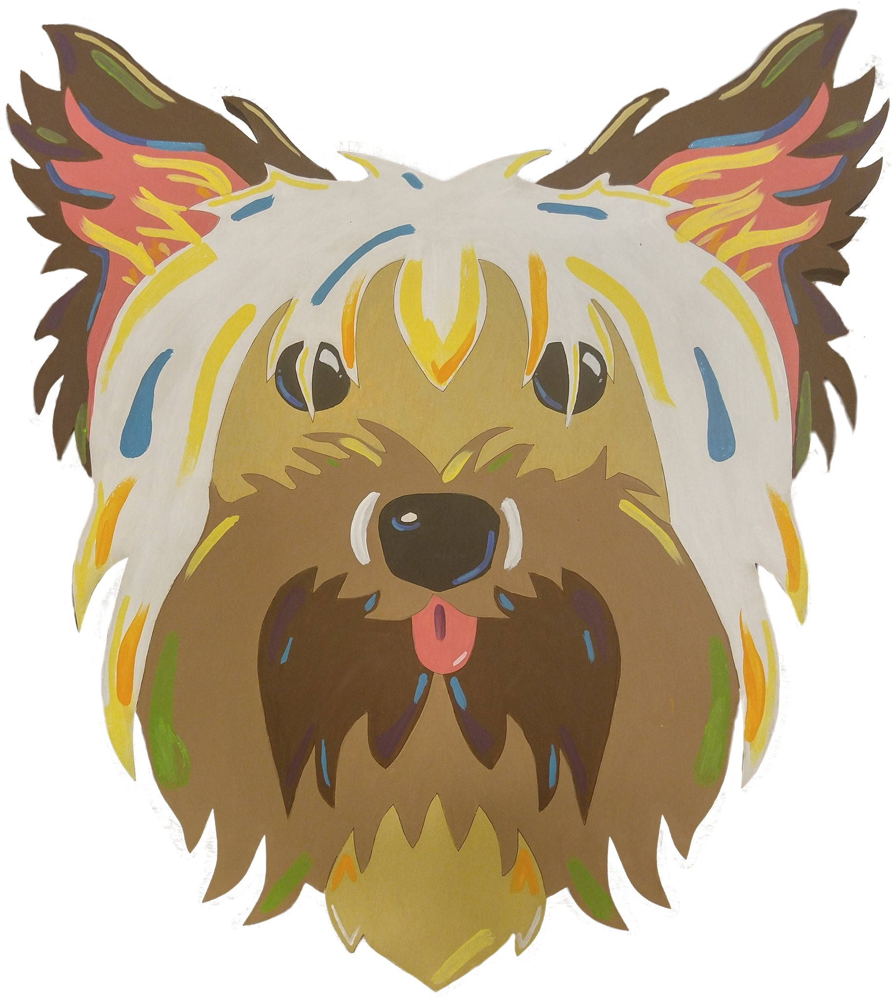 Terrier 桌布 壁紙 — 毛茸茸狗臉的鮮豔風格化插圖，帶有色彩繽紛的塗色毛髮和頑皮伸出的舌頭。