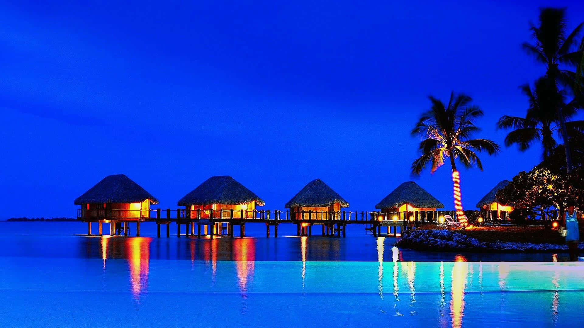 Bora Bora 桌布 壁紙 — 水上平房在深藍色暮色天空下溫暖地發光，伴隨著棕櫚樹和寧靜的水面倒影。
