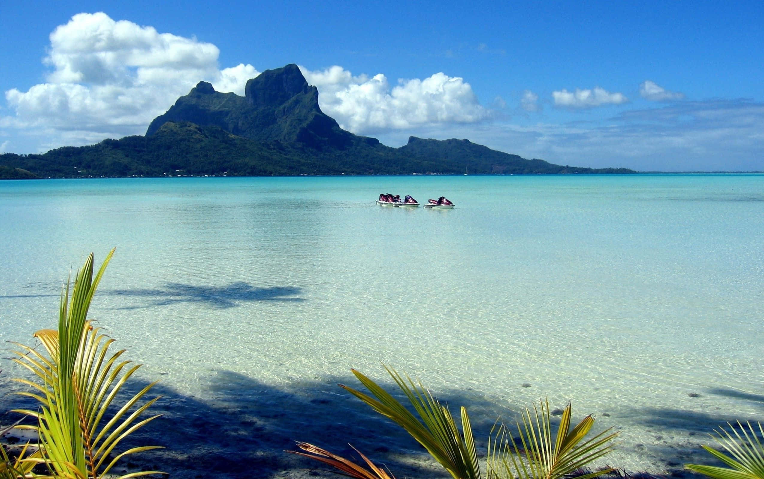 Bora Bora 桌布 壁紙 — 水上摩托車在碧綠色的海面上滑行，朝向一個鬱鬱蔥蔥的綠色火山島，天空湛藍，白雲朵朵。