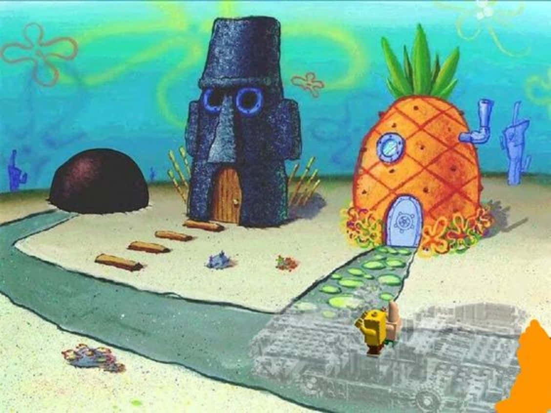 桌布 壁紙 — 水下卡通場景， featuring SpongeBob 的鳳梨屋和一個石臉雕像在沙質海底。