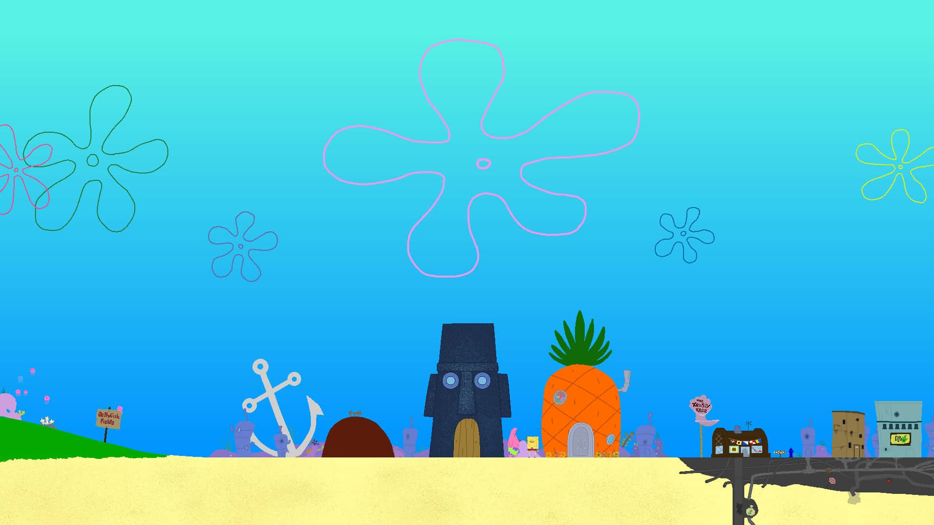 Jellyfish Fields 桌布 壁紙 — 水下卡通小鎮，有鳳梨屋和水母輪廓，背景為藍色漸變海洋。