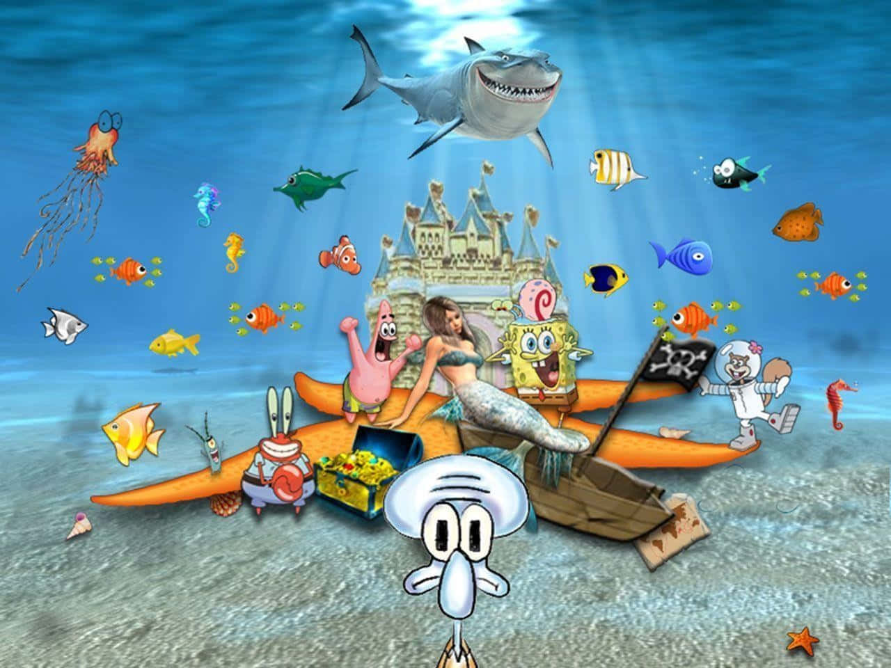 spongebob squarepants 桌布 壁紙 — 水下卡通角色包括海綿寶寶、派大星和美人魚聚集在沉沒海盜船附近的寶箱周圍，一條鯊魚在頭頂游過。