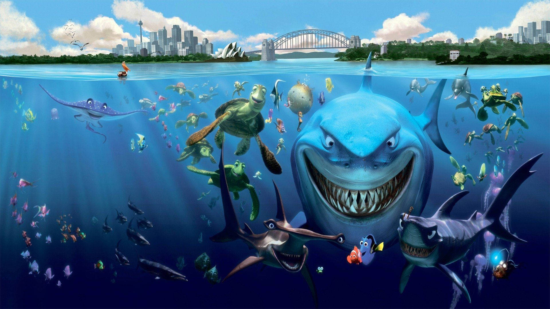 nemo 桌布 壁紙 — 水下卡通鯊魚和海洋生物在城市天際線附近游泳，雪梨港灣大橋和歌劇院在水面上可見。