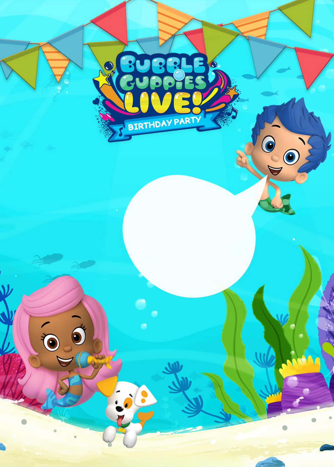 泡泡小隊 桌布 壁紙 — 水下生日派對，卡通角色 Bubble Guppies 和他們的狗用彩色旗幟和泡泡慶祝。