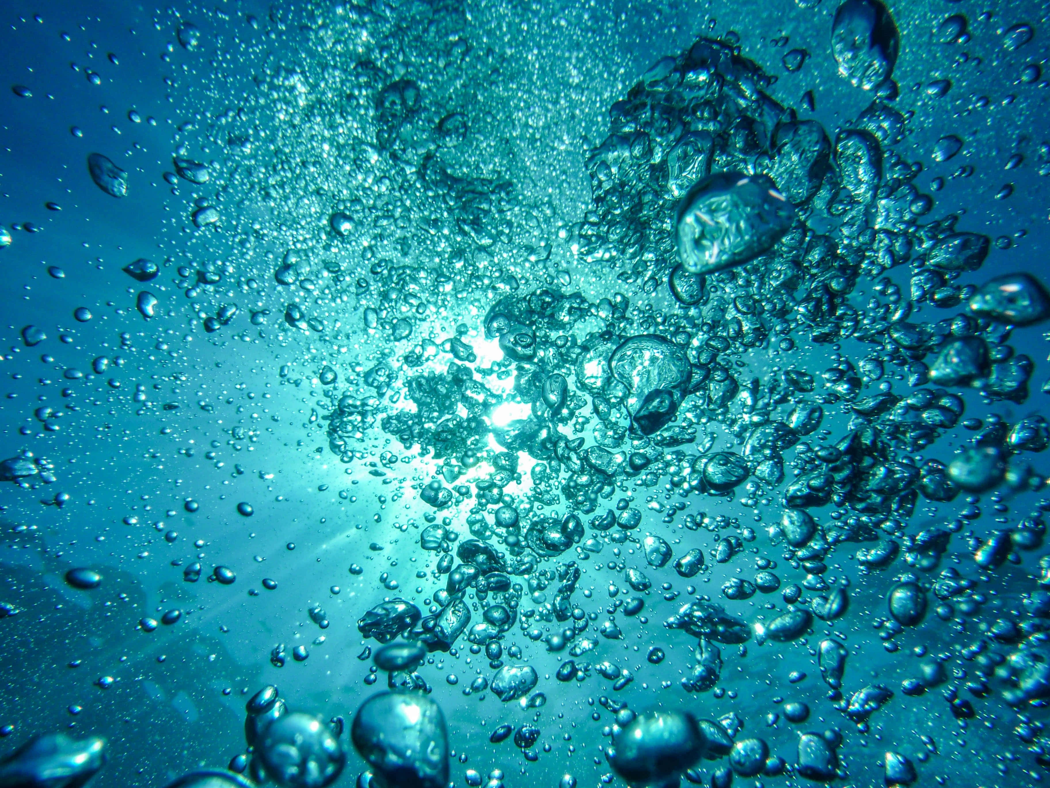 Bubble 桌布 壁紙 — 水下視角，無數閃爍的氣泡在鮮豔的碧綠海水中向明亮的陽光照射的水面上升。
