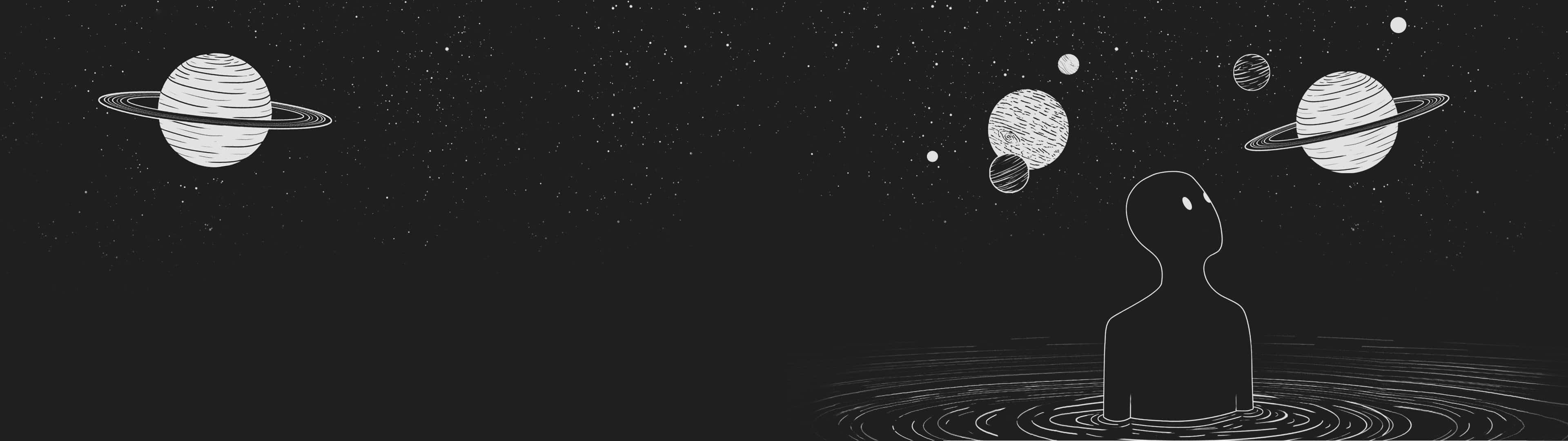 Minimalist Monochrome 桌布 壁紙 — 水中人物的極簡剪影，仰望宇宙夜空中的風格化行星和星星。