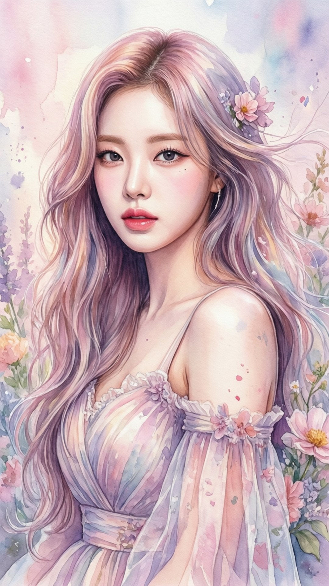一幅帶有花卉元素的Kpop偶像柔和水彩畫。