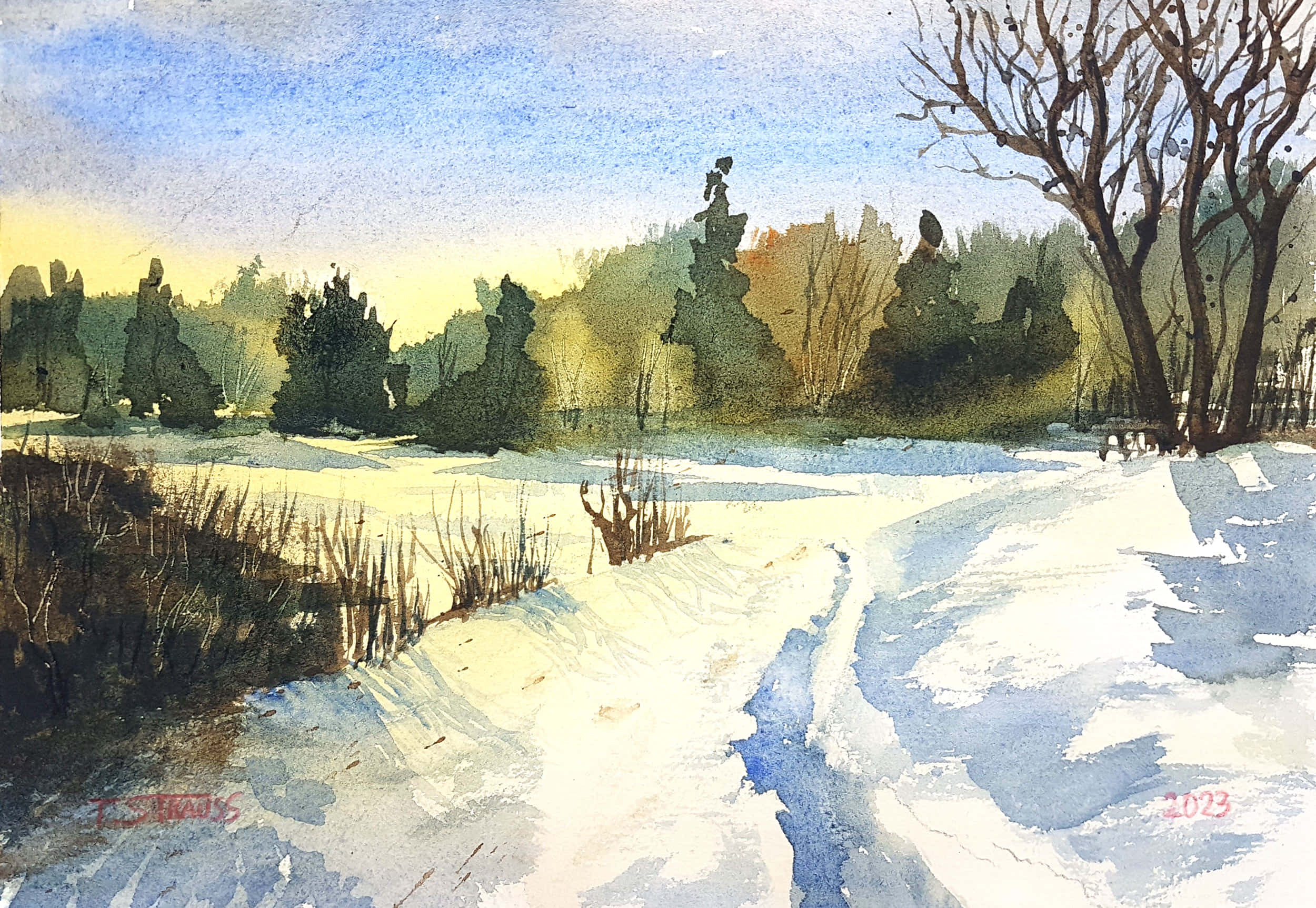雪景 桌布 壁紙 — 水彩冬季場景，雪覆蓋的地面，蜿蜒小徑，光禿樹木，遠處森林，柔和藍天下。
