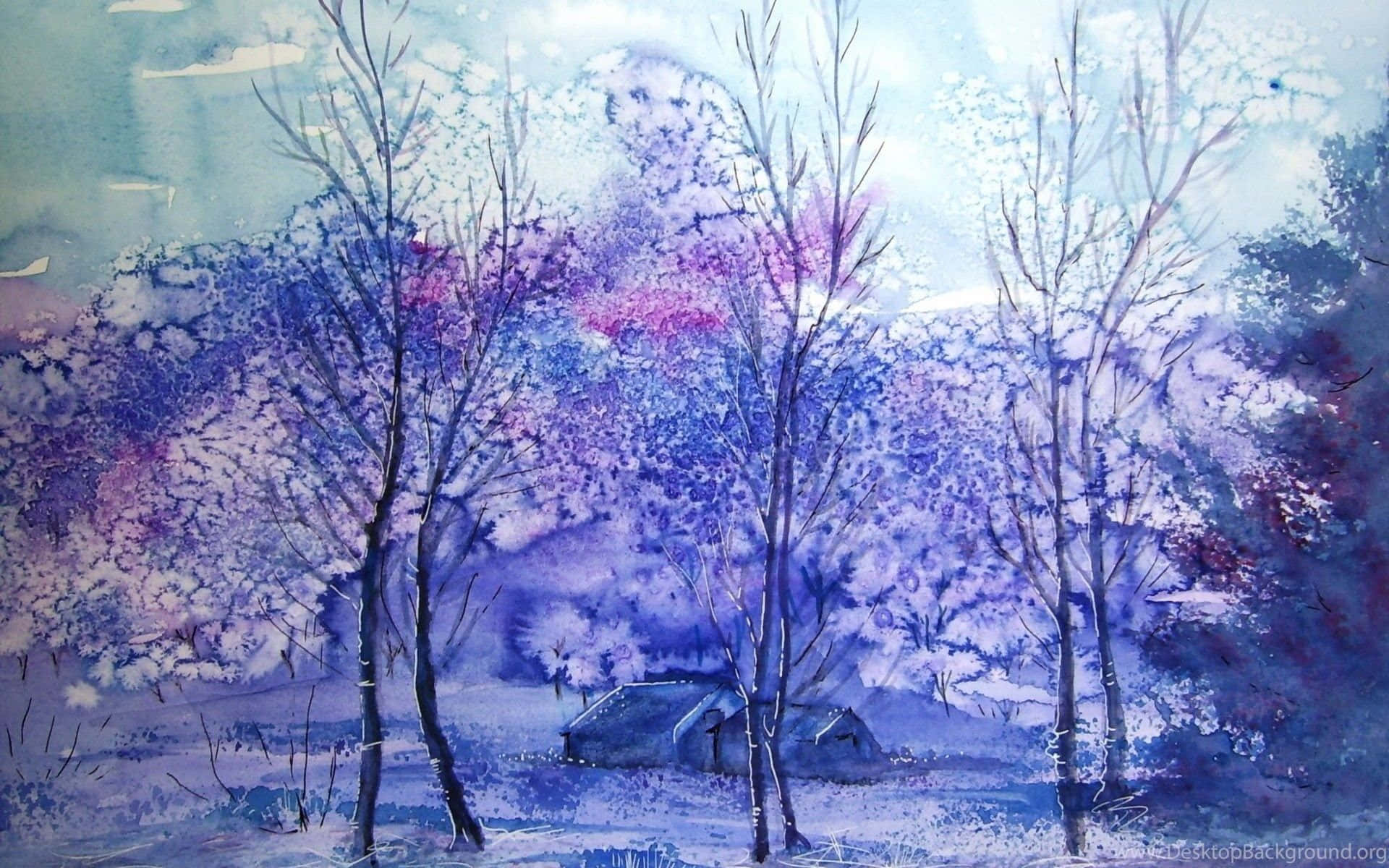Winter Painting 桌布 壁紙 — 水彩冬季景色，光禿禿的樹木和小木屋，在柔和的藍紫色天空下。