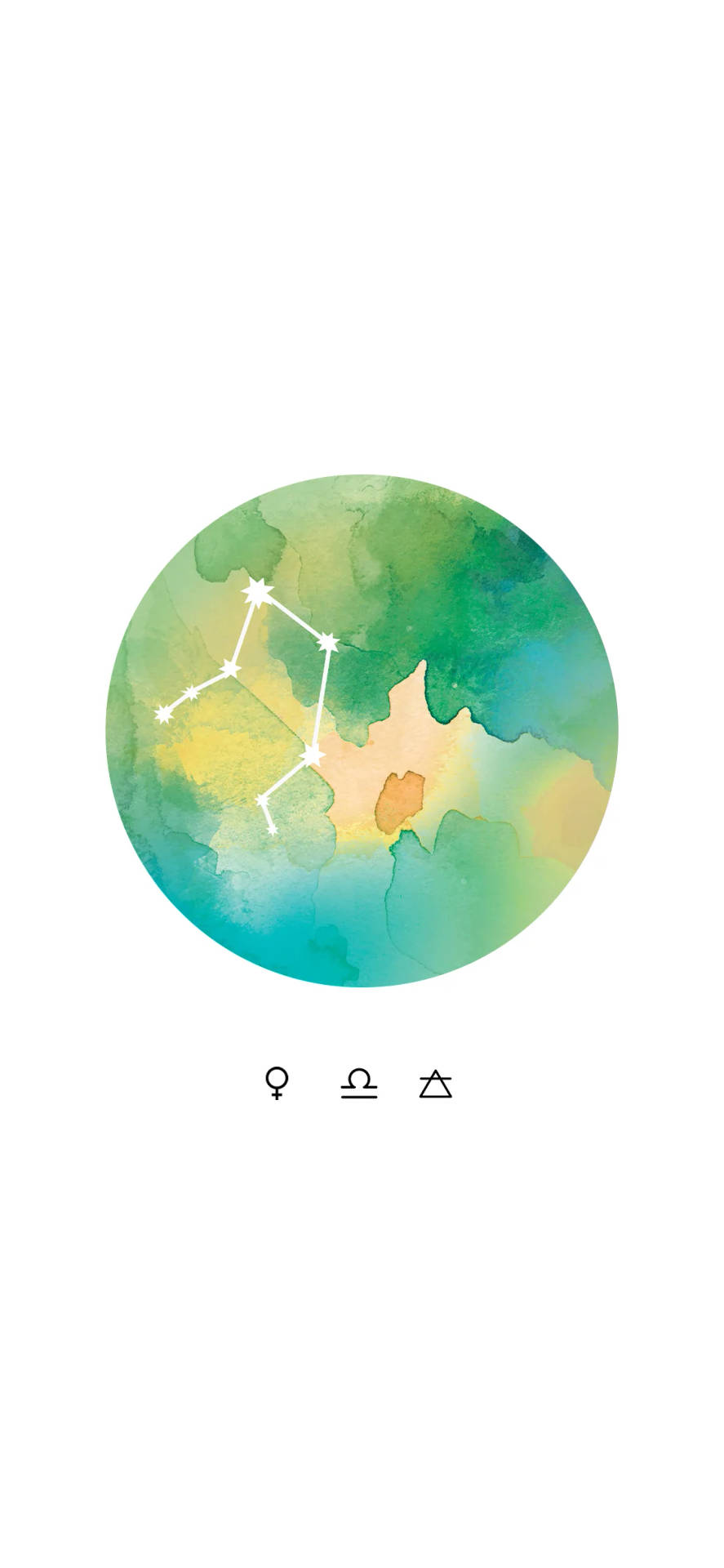 星座 桌布 壁紙 — 水彩圓圈，帶有星座和占星符號，背景為柔和的綠色、黃色和藍色漸變。
