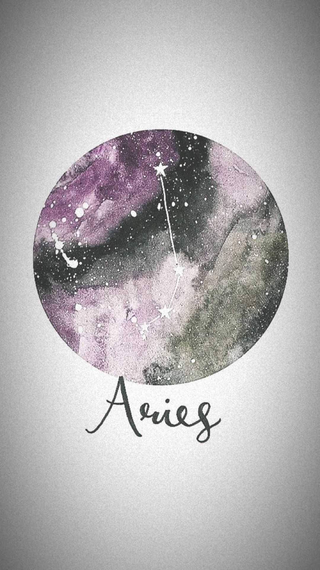 牡羊座美學 桌布 壁紙 — 水彩圓圈描繪了白羊座星座，星星點綴在紫色和灰色的星雲上，背景為淺灰色。