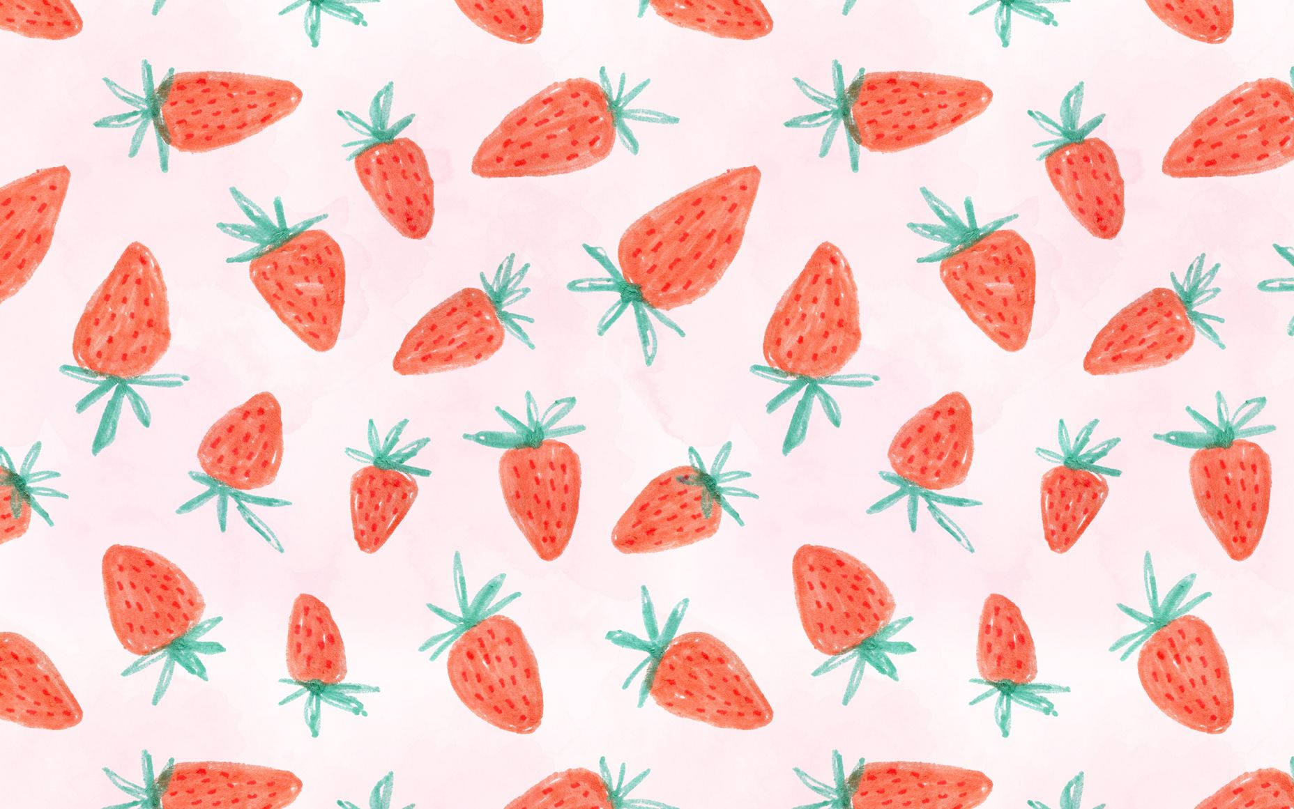 Strawberry Aesthetic 桌布 壁紙 — 水彩圖案，散落的紅色草莓帶有綠色莖，在柔和的粉紅色背景上。