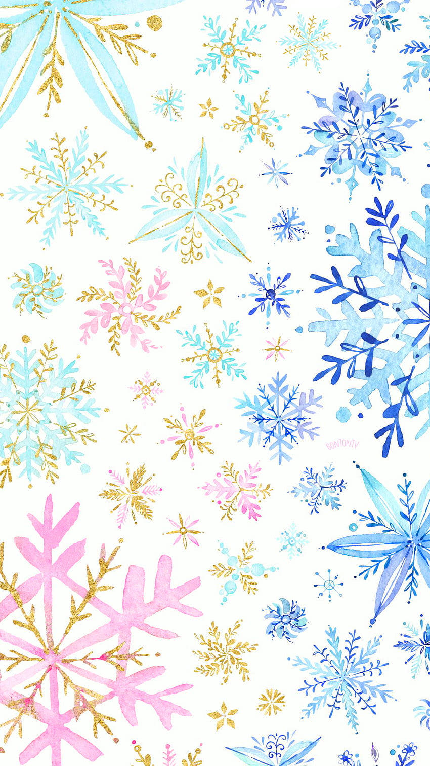 白色背景上的水彩藍色、粉紅色和金色雪花。 — 雪花 GIF 壁紙