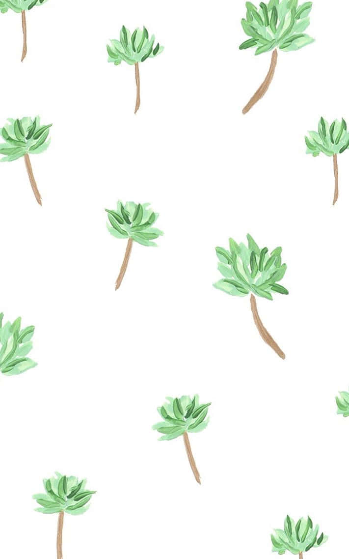 Cute Palm Tree 桌布 壁紙 — 水彩多肉植物以柔和綠色調散落在潔白背景上。