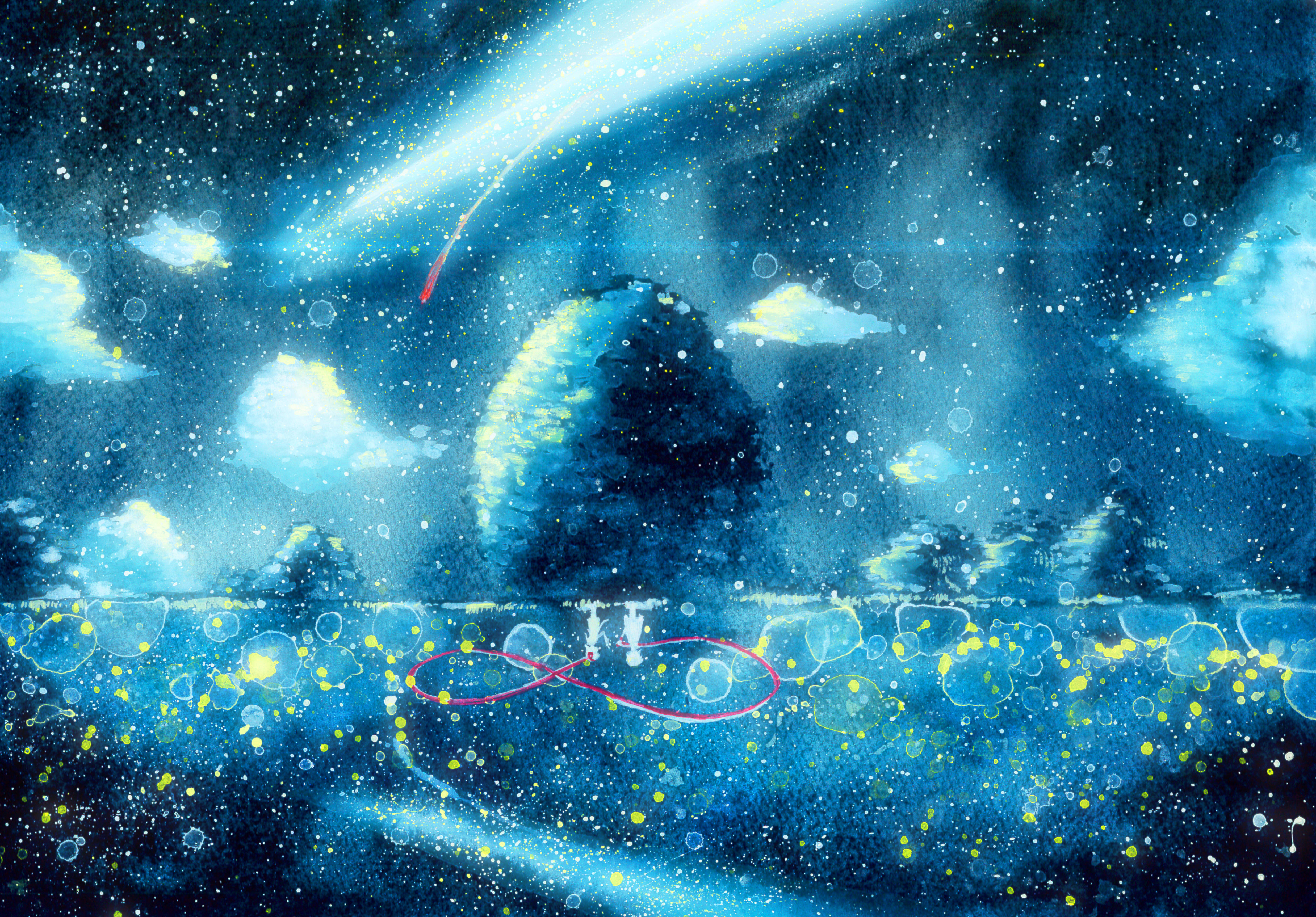 Your Name 桌布 壁紙 — 水彩奇幻場景，發光的樹木在星空藍天下，伴隨墜落的光芒和漂浮的泡泡。