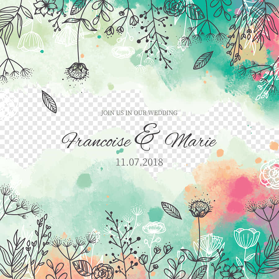 Invitation 桌布 壁紙 — 水彩婚禮邀請函，帶有花卉素描，背景為薄荷綠和珊瑚色漸變。
