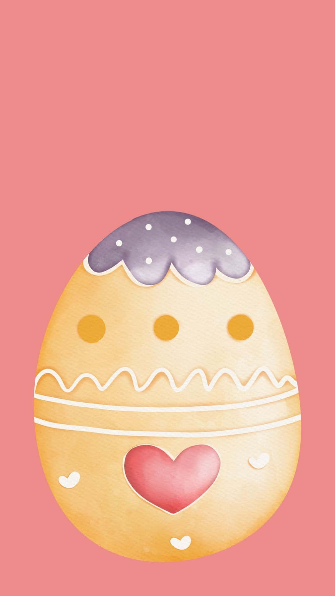 Easter Egg 桌布 壁紙 — 水彩復活節蛋，頂部有紫色圓點，並有粉紅色心形鏤空，背景為柔和珊瑚色。