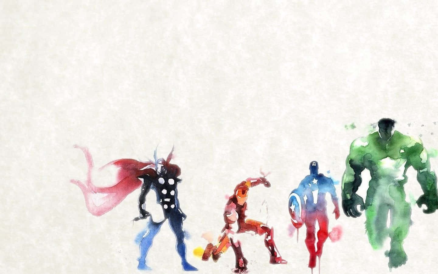 Avengers Laptop 桌布 壁紙 — 水彩插圖，描繪四位超級英雄：索爾、鋼鐵人、美國隊長和浩克，排列站立在帶有紋理的米白色背景前。