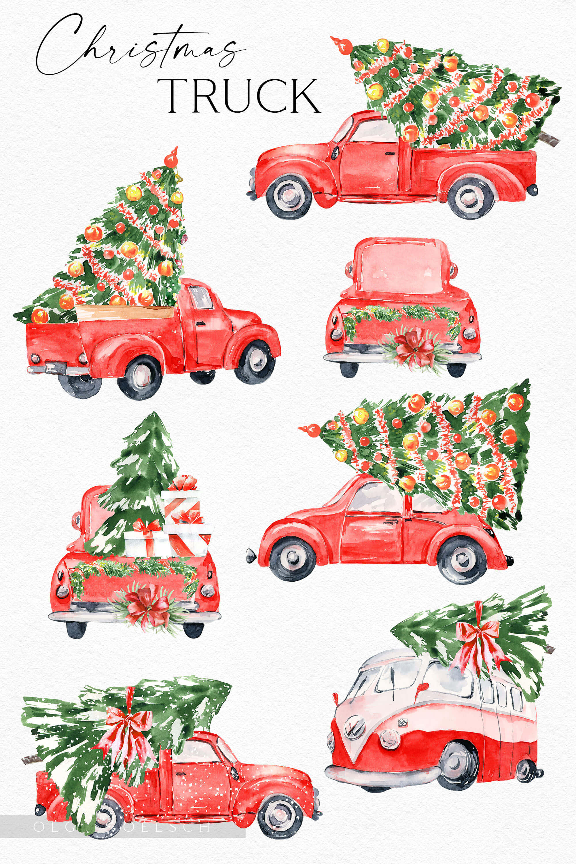 聖誕節 桌布 壁紙 — 水彩插圖，描繪復古紅色卡車和廂型車運載裝飾著蝴蝶結和飾品的聖誕樹。
