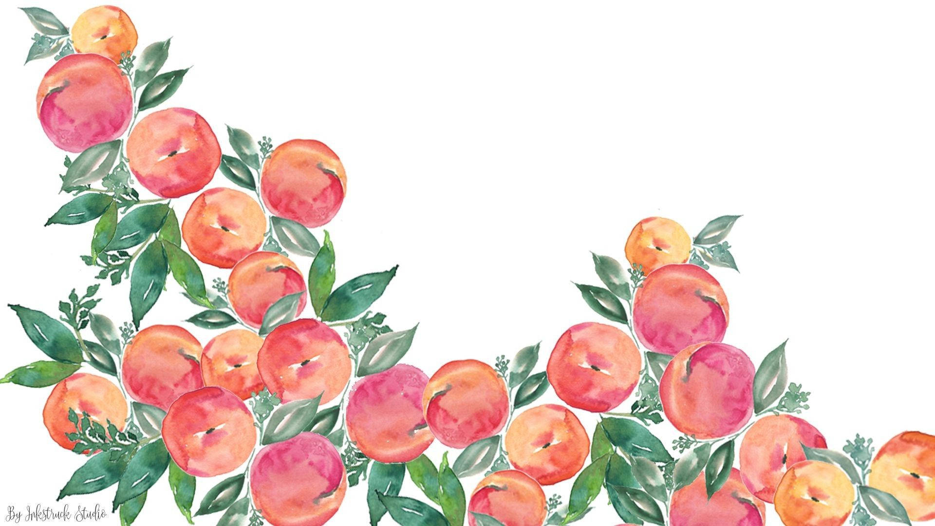 Fruit 桌布 壁紙 — 水彩插圖，描繪成熟的桃子和綠葉在潔白背景上排列成流動的對角線邊框。