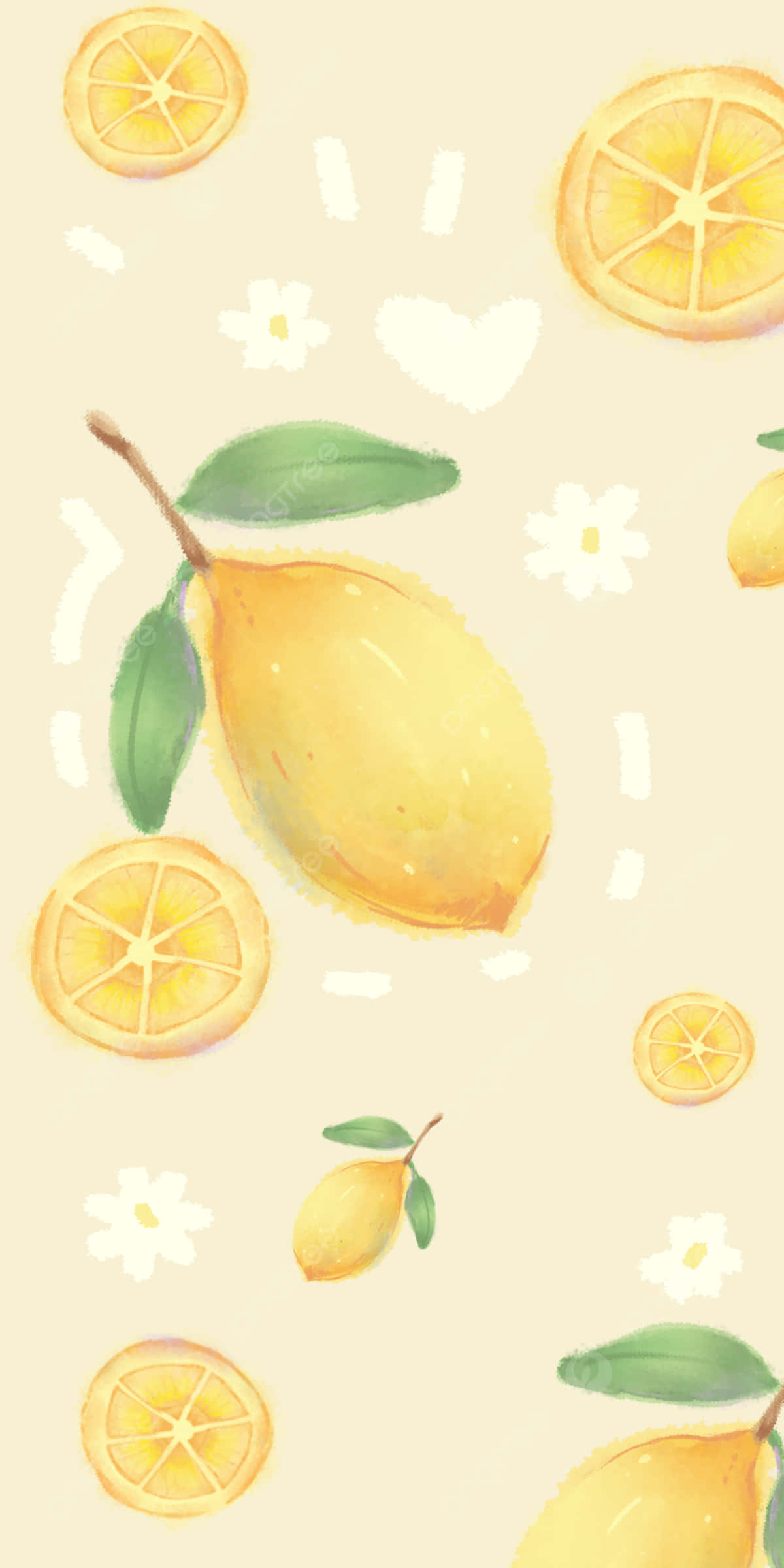 檸檬 桌布 壁紙 — 水彩插圖，描繪檸檬和檸檬片，搭配白色花朵和心形圖案，背景為柔和的米色。
