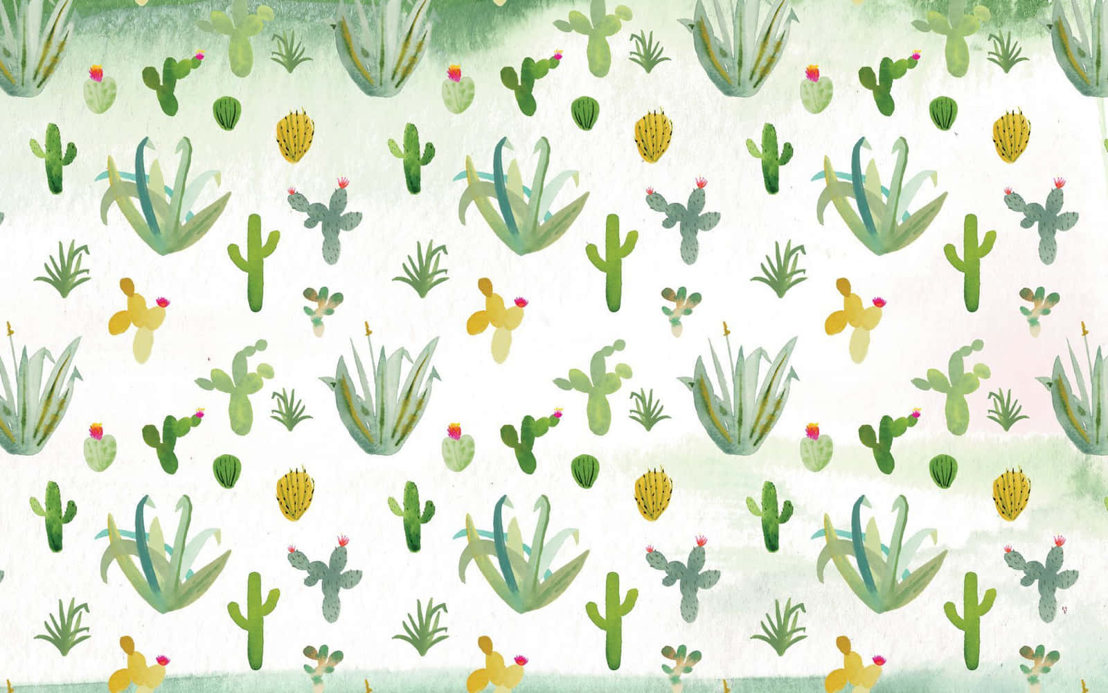 Cactus 桌布 壁紙 — 水彩插圖，散落的仙人掌和多肉植物，柔和綠色和黃色，帶紋理的米白色背景。