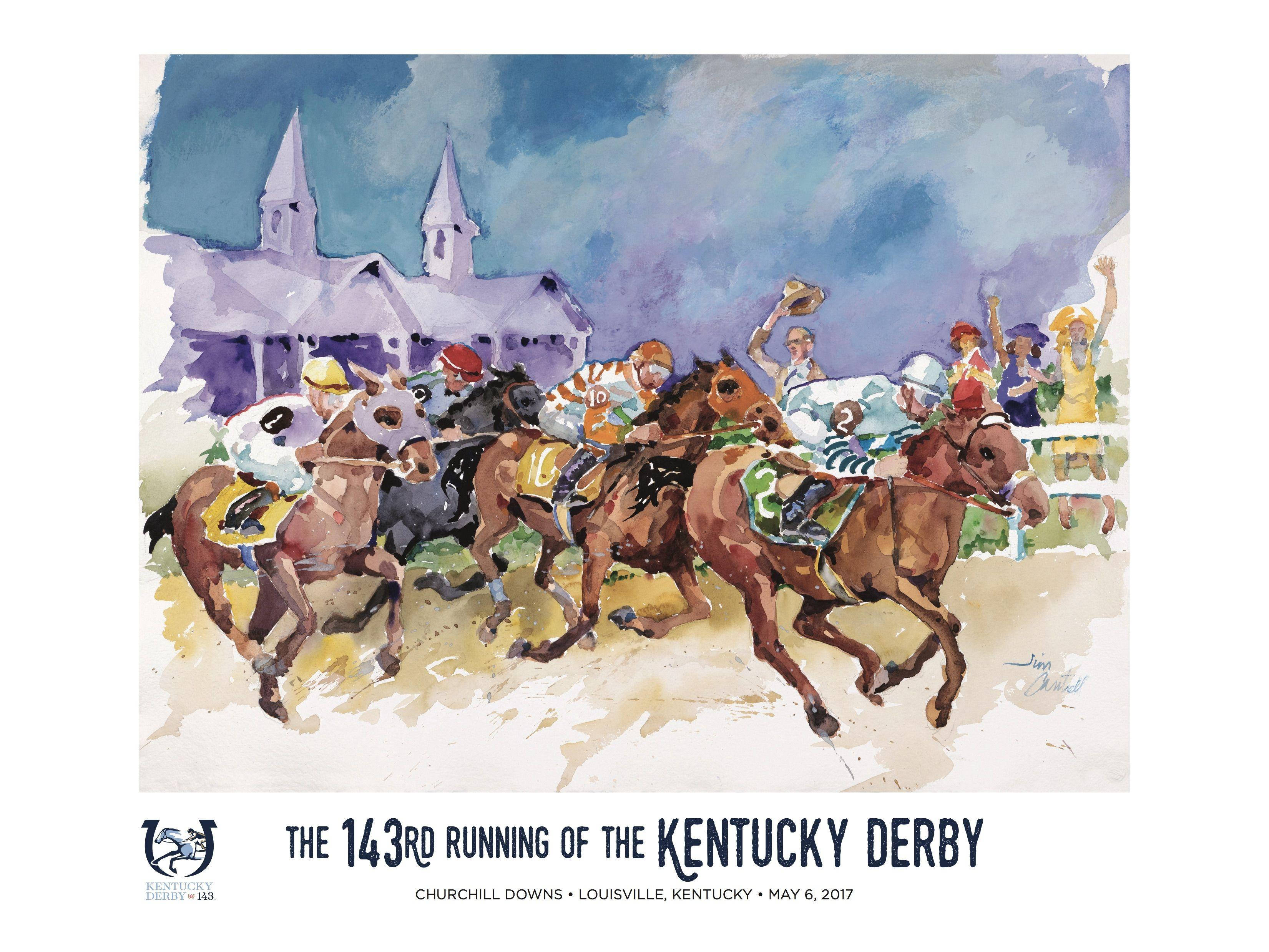 Kentucky 桌布 壁紙 — 水彩插畫描繪肯塔基德比賽馬期間，騎師在邱吉爾園馬場策馬奔騰，背景有歡呼的觀眾和教堂尖塔。