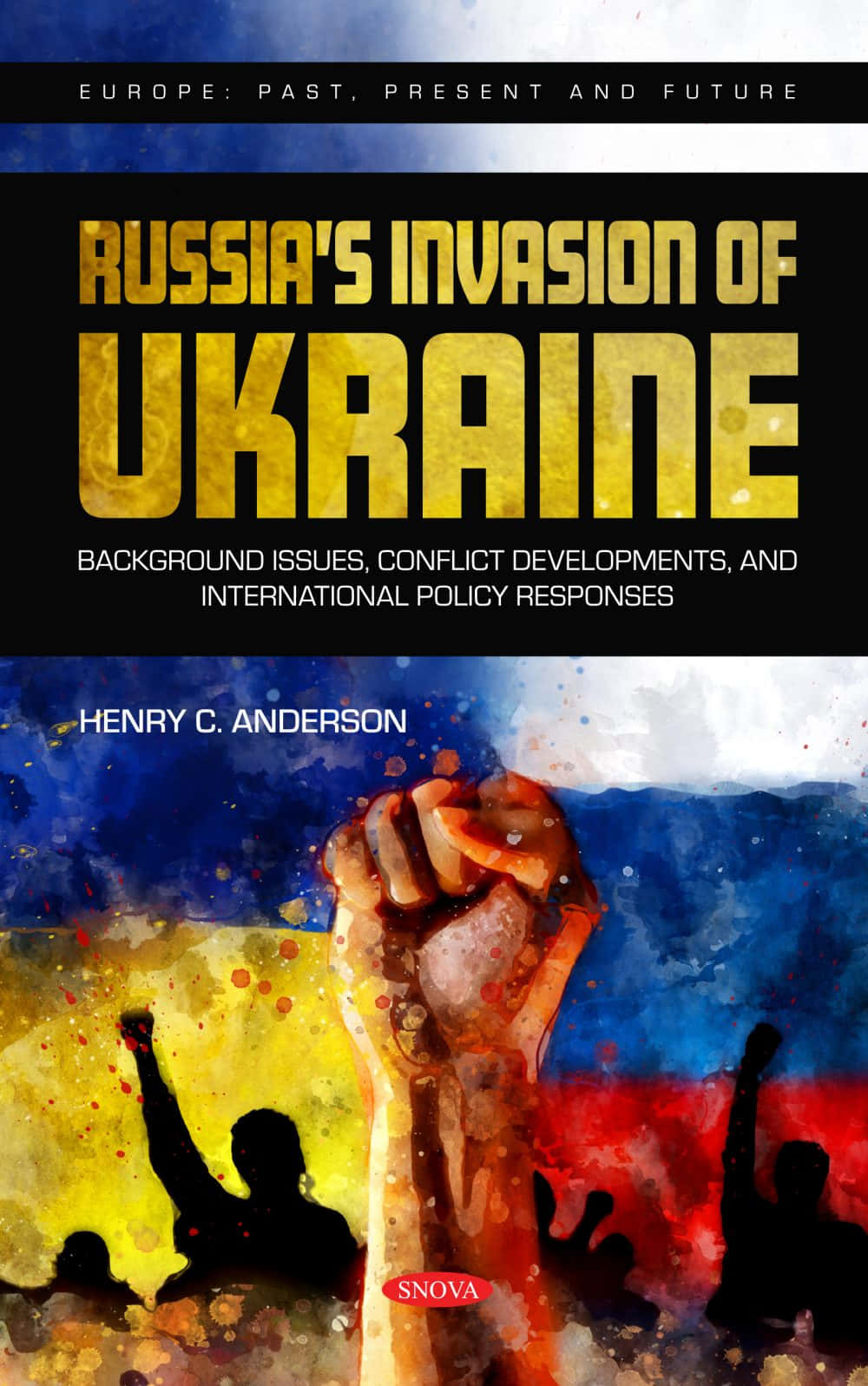 Ukraine 桌布 壁紙 — 水彩書封面展示一隻舉起的拳頭，背景為烏克蘭和俄羅斯國旗，並有剪影抗議者。