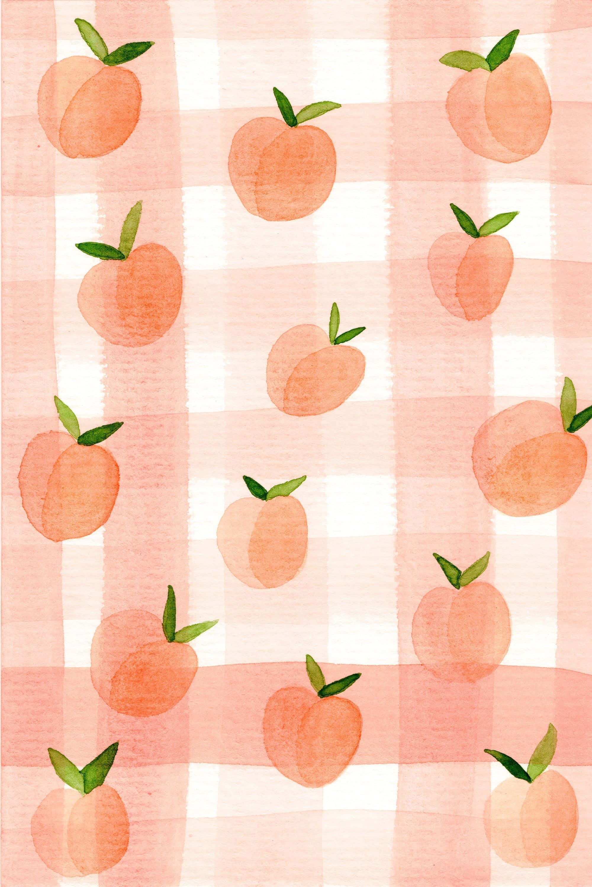 Peach iPhone 桌布 壁紙 — 水彩桃子漂浮在柔和的粉紅和白色格子背景上，帶有溫柔的筆觸。