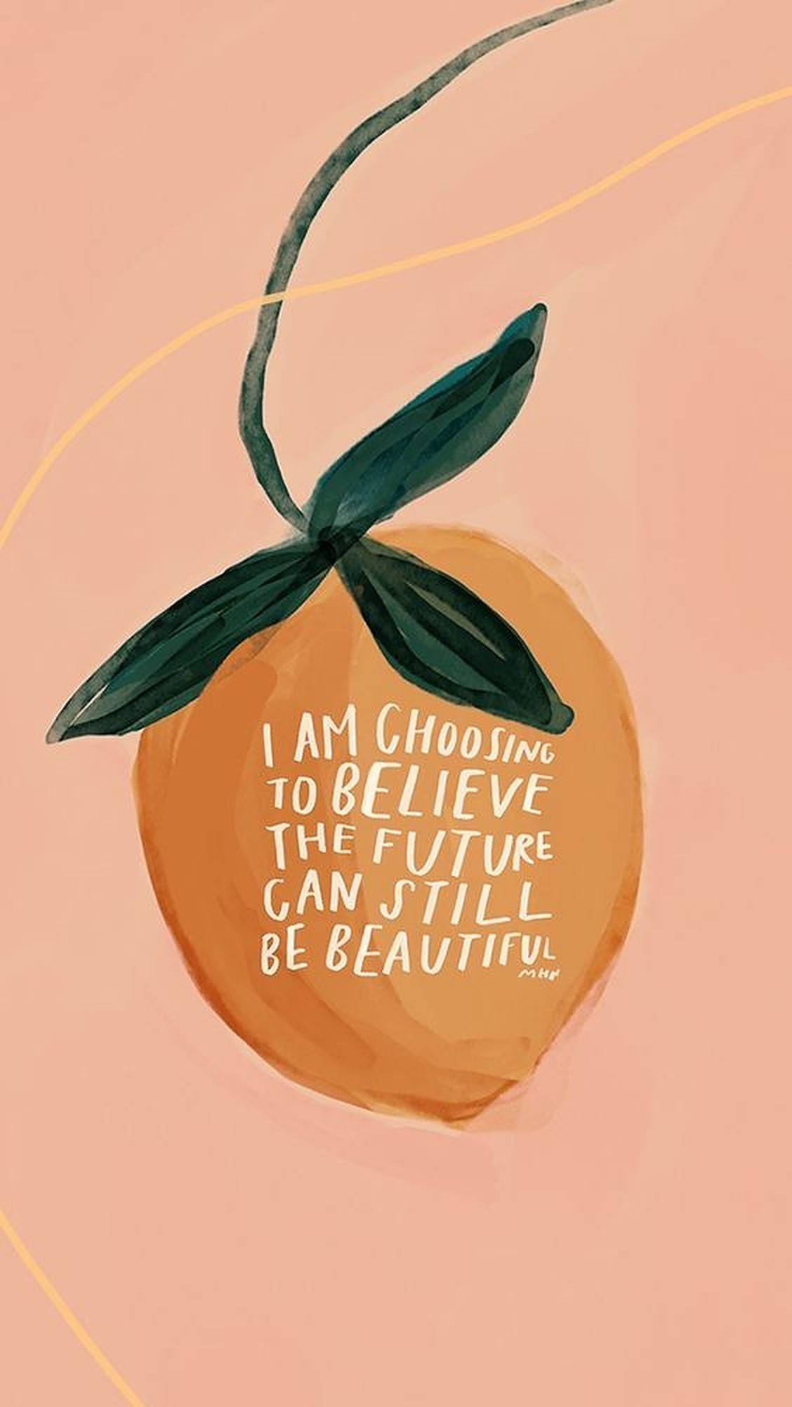 Positive Quotes 桌布 壁紙 — 水彩橙子，帶有綠葉和振奮人心的文字，背景為柔和蜜桃色。
