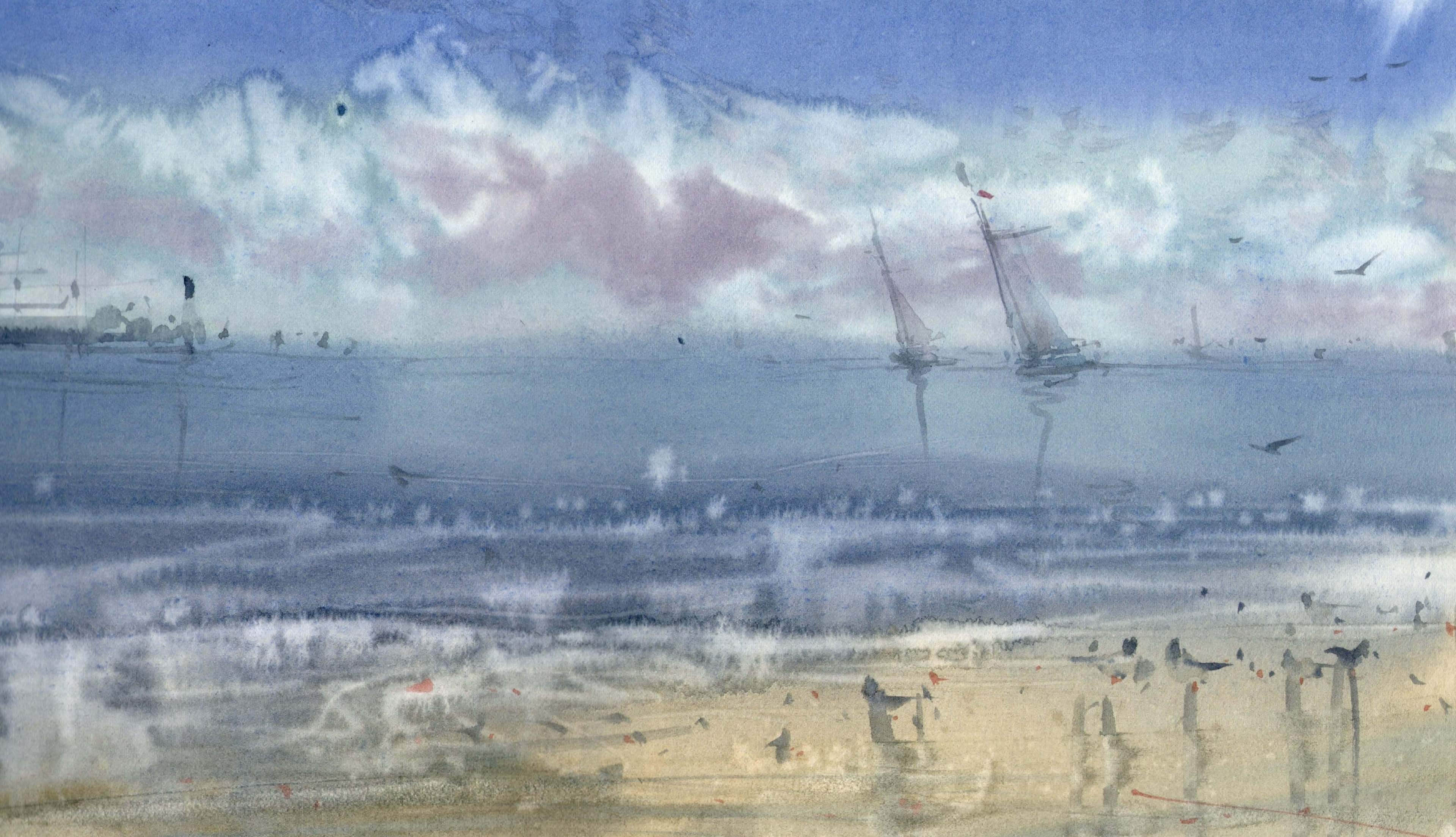 High Resolution Watercolor 桌布 壁紙 — 水彩海景，霧氣瀰漫的地平線上有帆船，鳥兒在柔和的粉紅色和藍色天空下飛越沙灘。