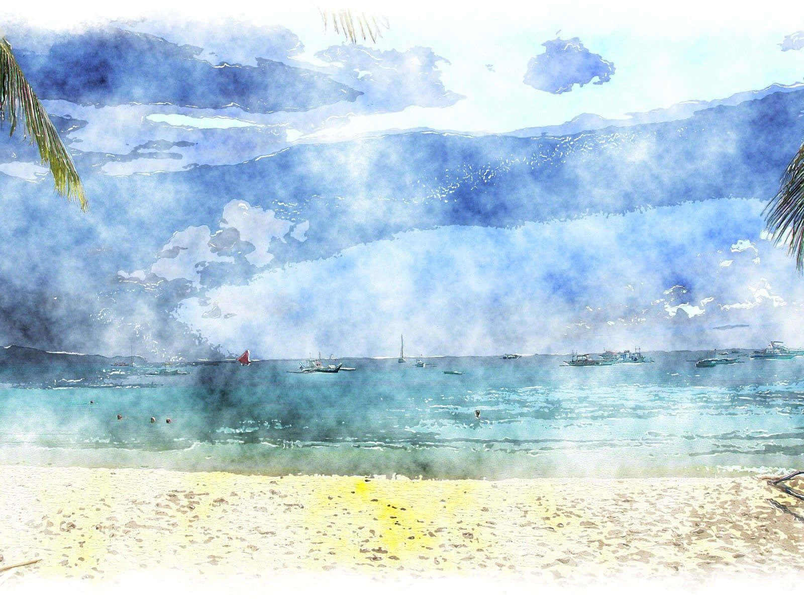 Blue Watercolor 桌布 壁紙 — 水彩海灘場景，棕櫚葉框住點綴著船隻的碧綠海水，上方是柔和藍天。
