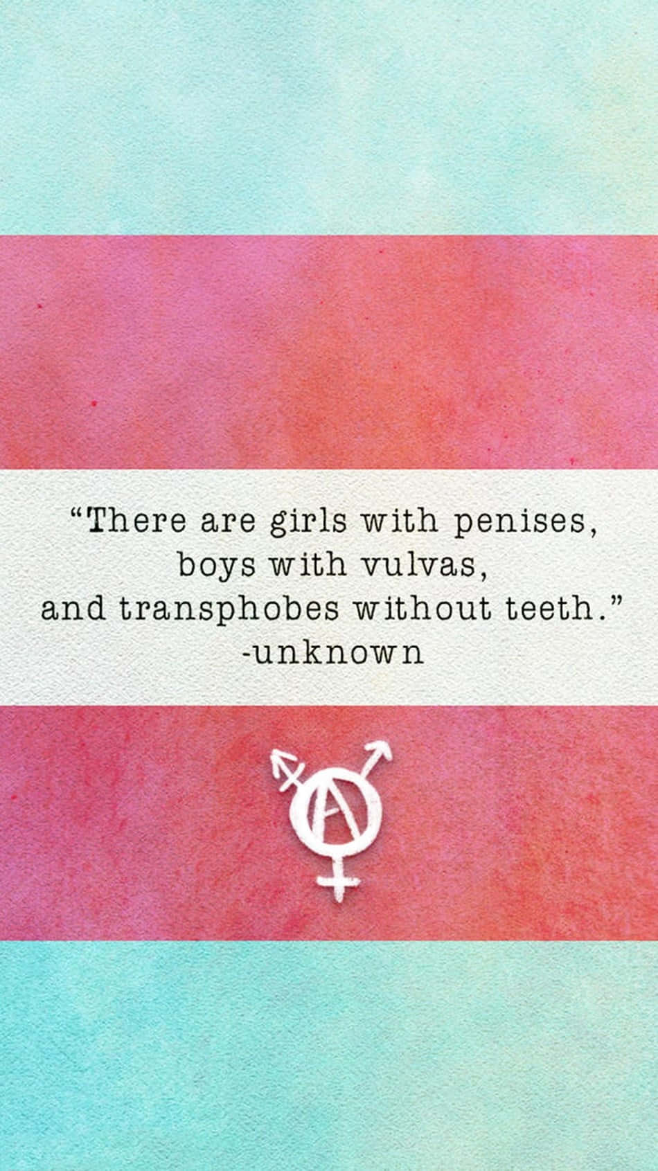 transgender 桌布 壁紙 — 水彩漸變背景，採用青綠色和粉紅色，中央放置一句引言和雙性別符號，位於有紋理的紙張上。