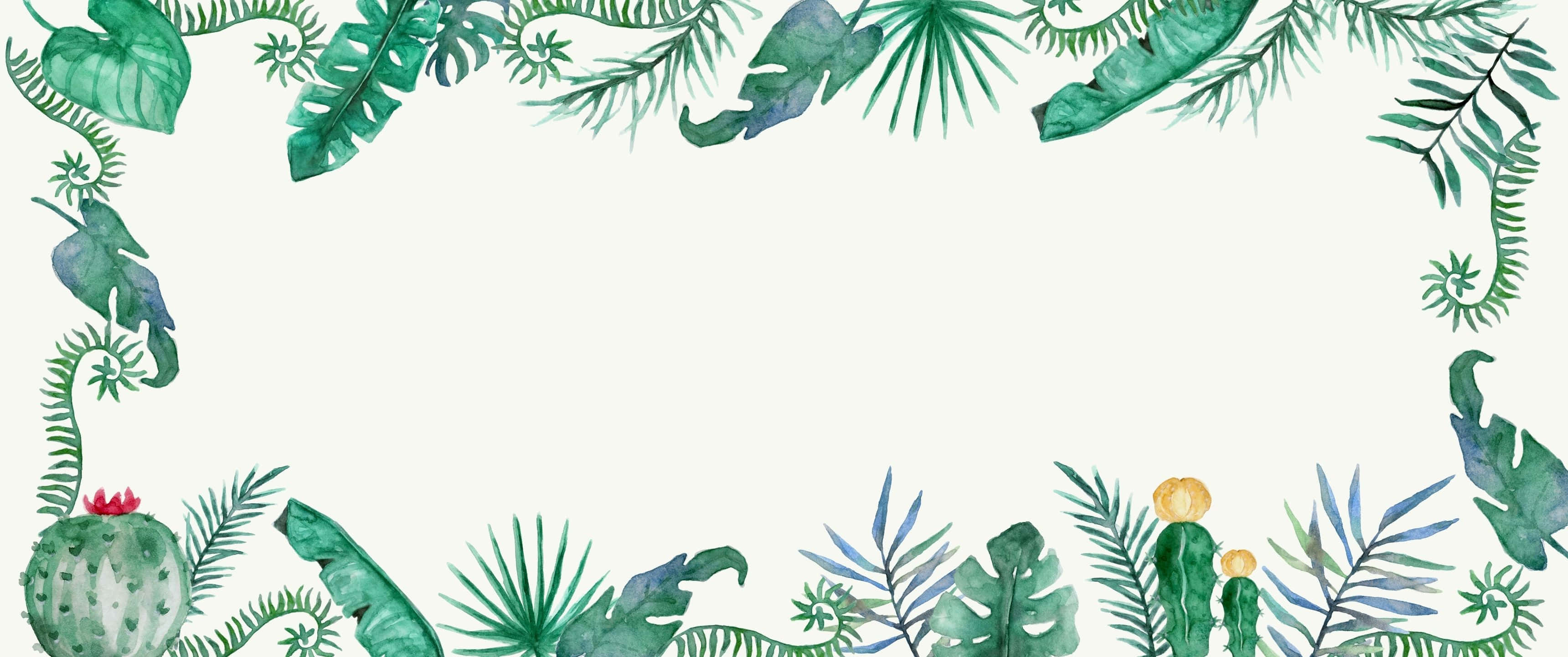 3440x1440 桌布 壁紙 — 水彩熱帶樹葉和仙人掌形成茂密的綠色邊框，框住空白的奶油色背景。