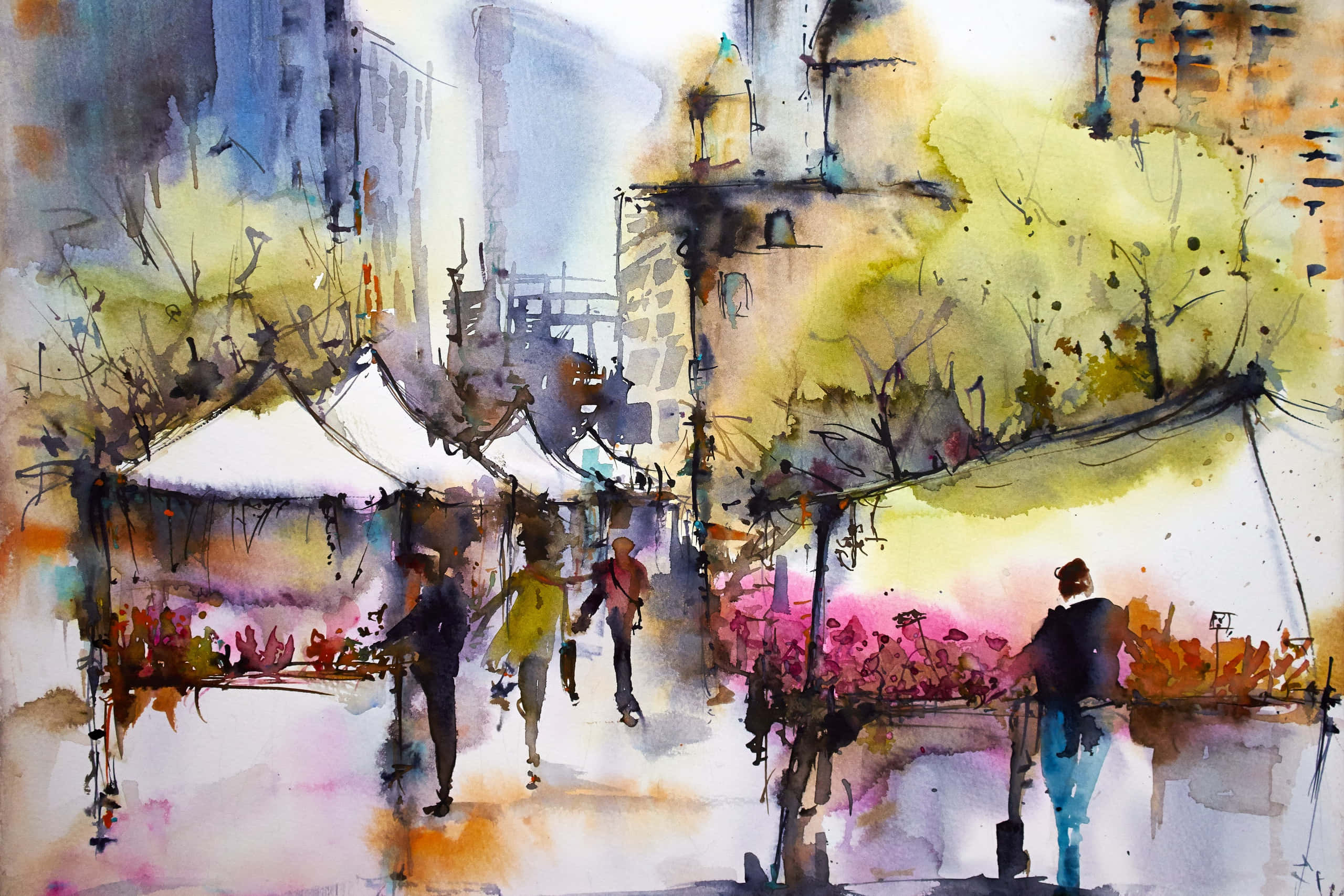 Watercolor 桌布 壁紙 — 水彩畫，描繪人們在柔和日光下，漫步於色彩繽紛的樹木和市場攤位點綴的活力城市廣場。